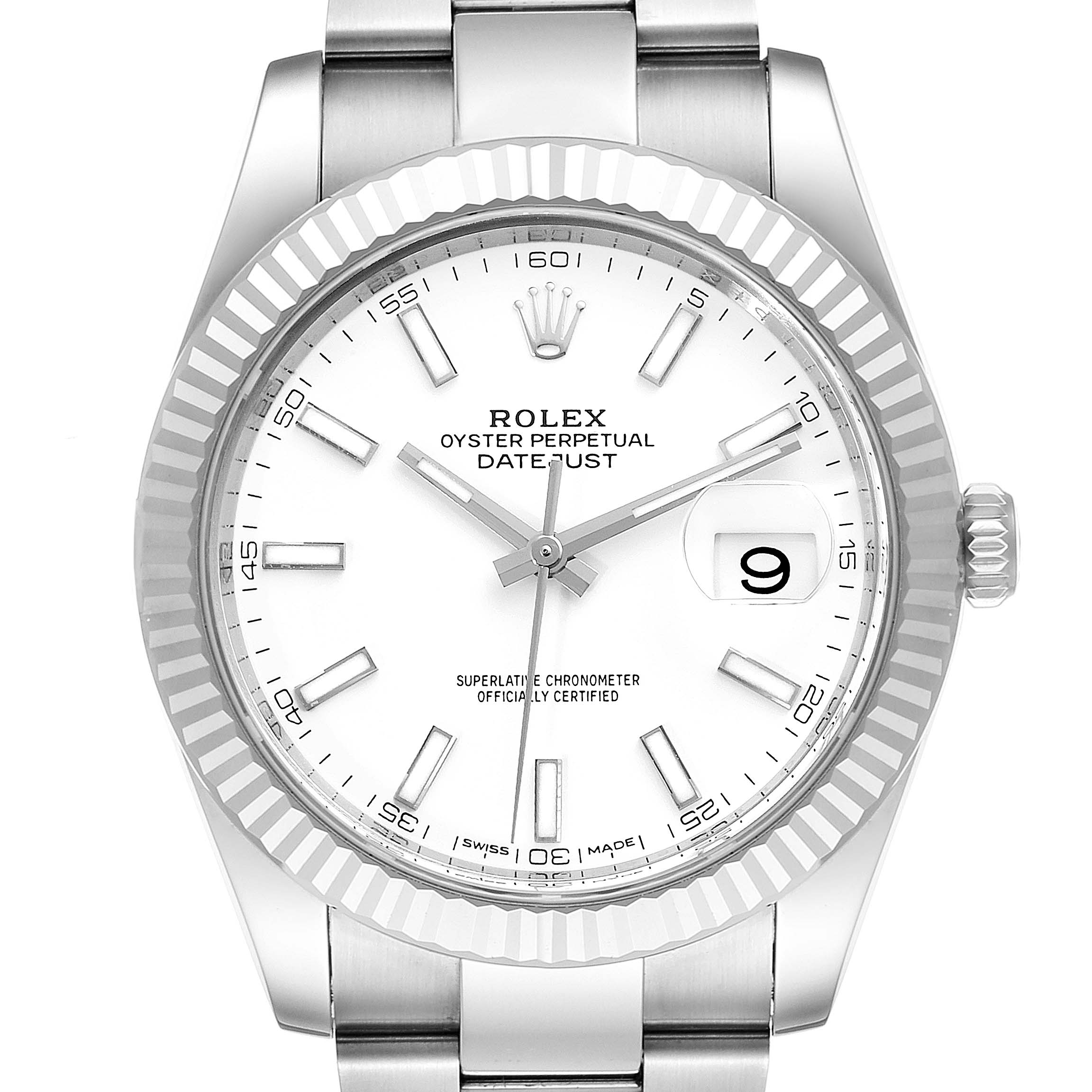 The image shows a Rolex Datejust 126334 Men's Stainless Steel White Dial 126334 Men's Stainless Steel White Dial watch from a front angle, highlighting the white dial, fluted bezel, and stainless steel bracelet.