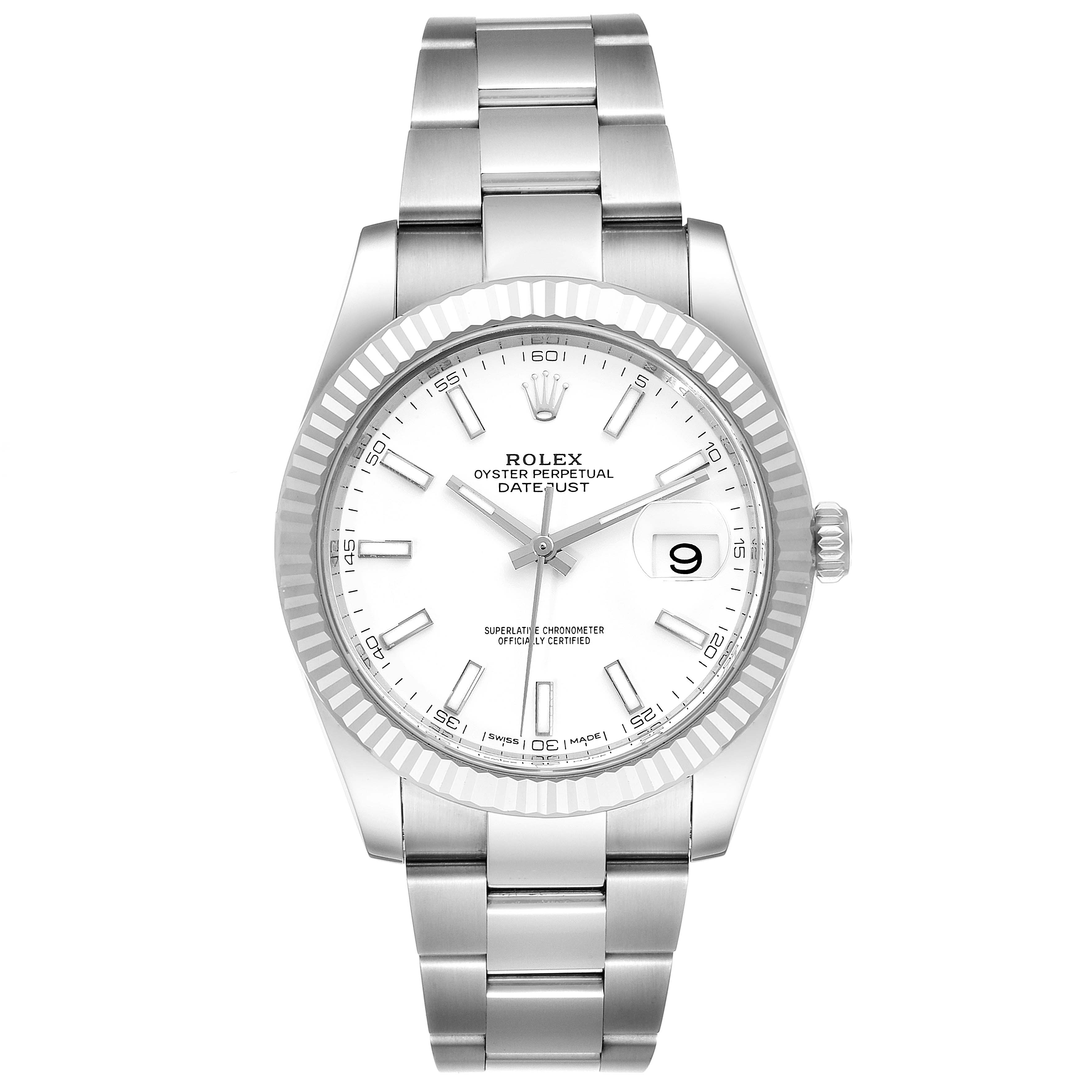 This image shows a front view of a Rolex Datejust 126334 Men's Stainless Steel White Dial 126334 Men's Stainless Steel White Dial model with a white dial and stainless steel bracelet.