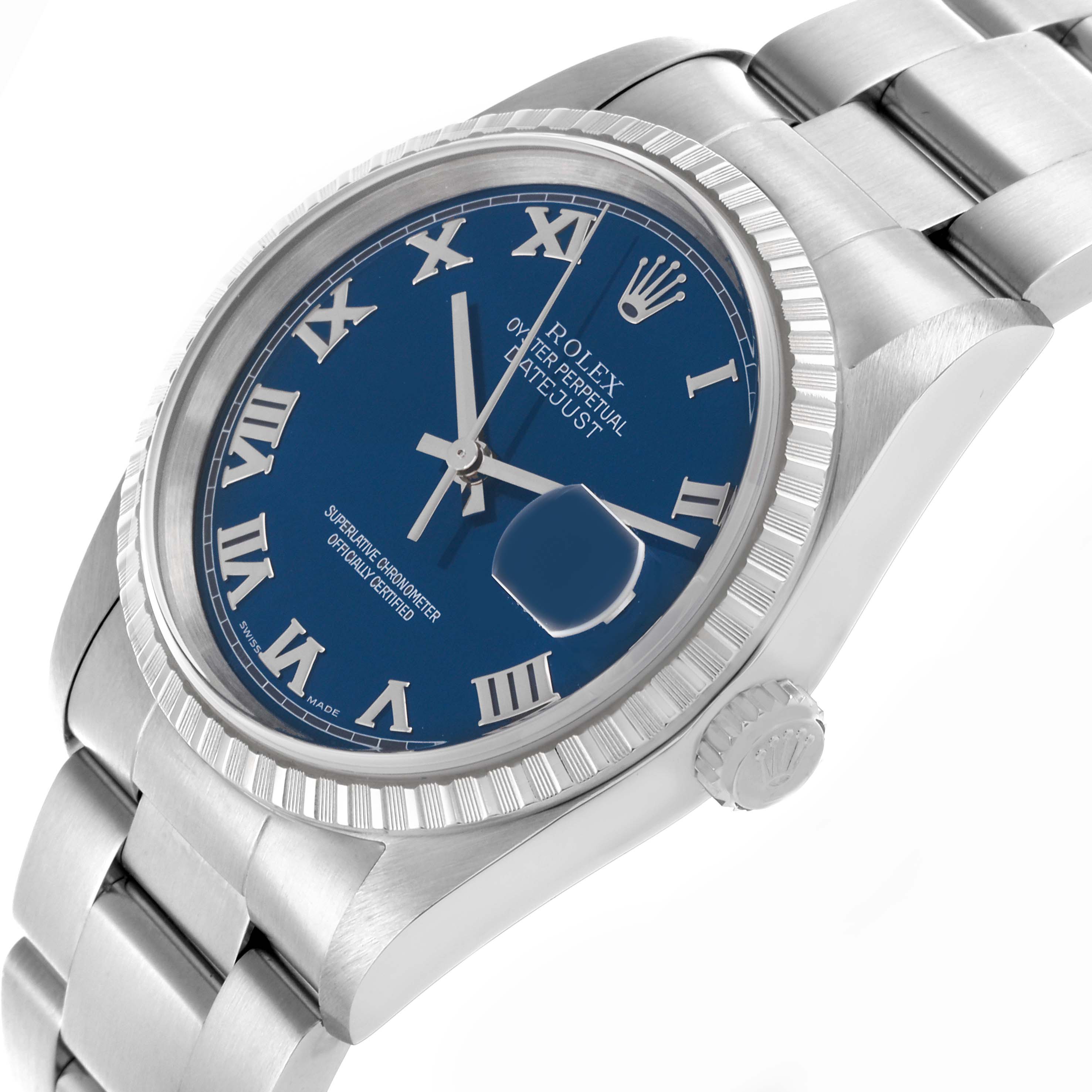 The Rolex Datejust 16220 Men's Stainless Steel Blue Dial watch is shown at an angle highlighting the blue dial, silver Roman numerals, fluted bezel, and bracelet.
