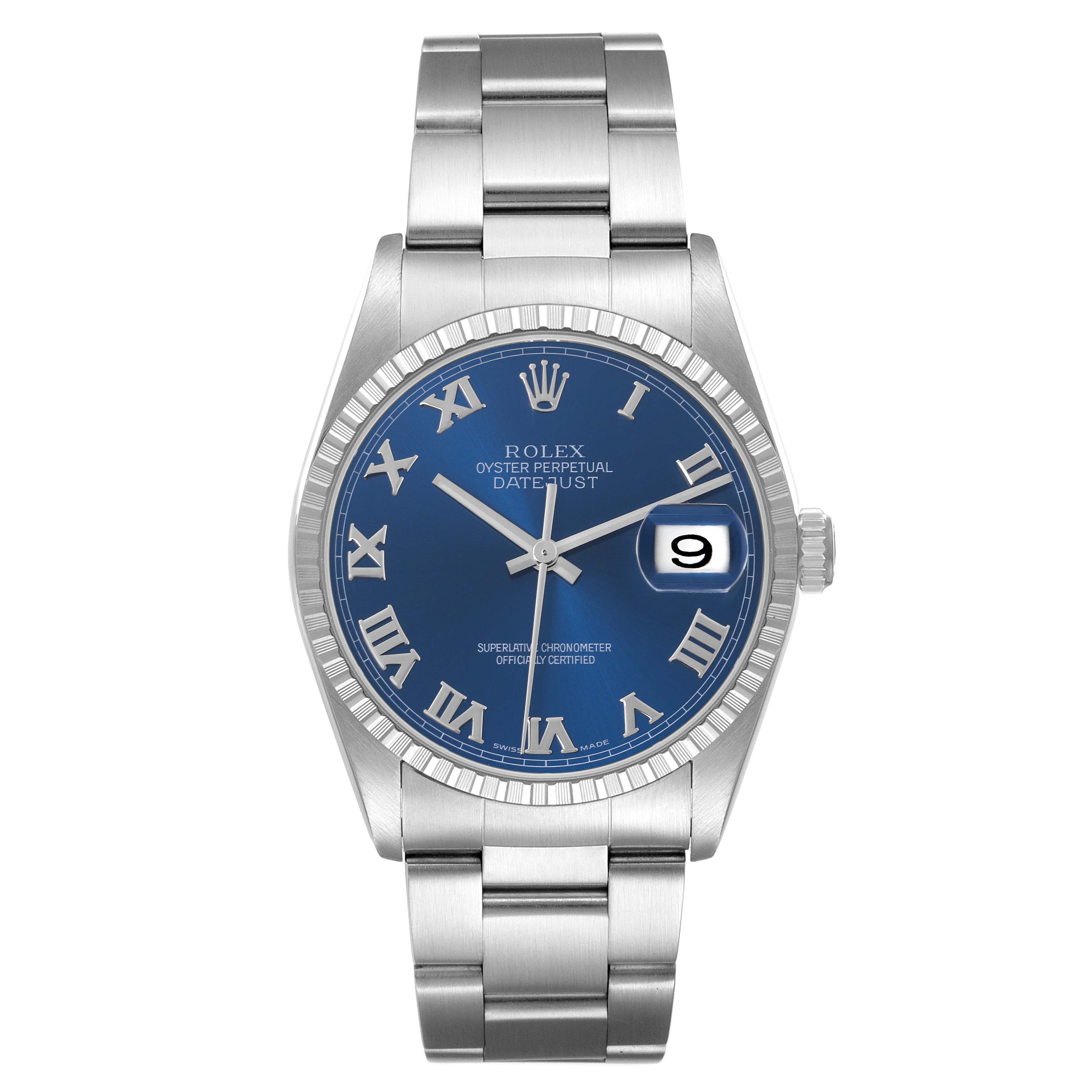 The Rolex Datejust 16220 Men's Stainless Steel Blue Dial watch is shown from a front angle, displaying the dial, bezel, crown, and bracelet.