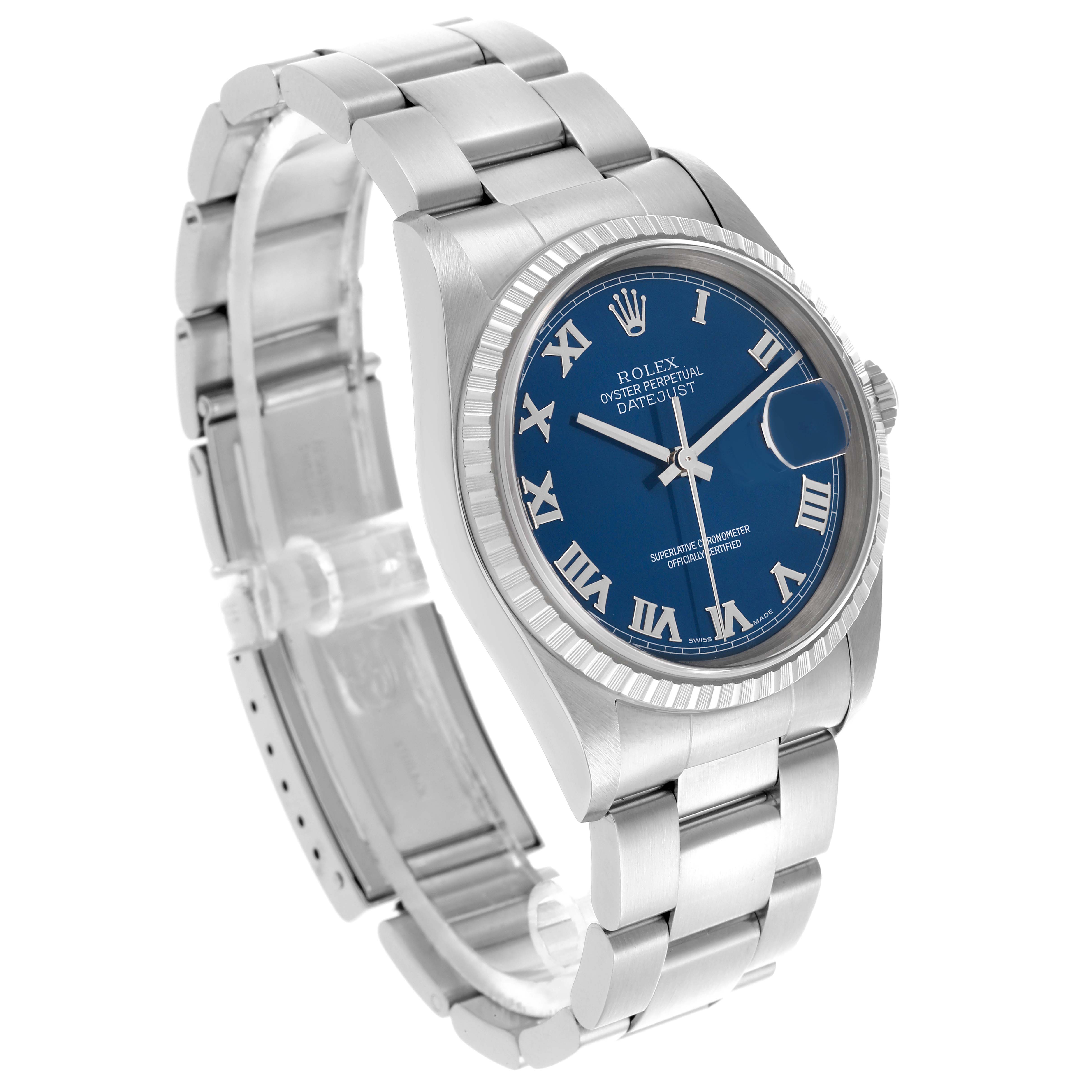 The Rolex Datejust 16220 Men's Stainless Steel Blue Dial watch is shown at a three-quarter angle, displaying the bracelet, case, bezel, and blue dial with Roman numerals.