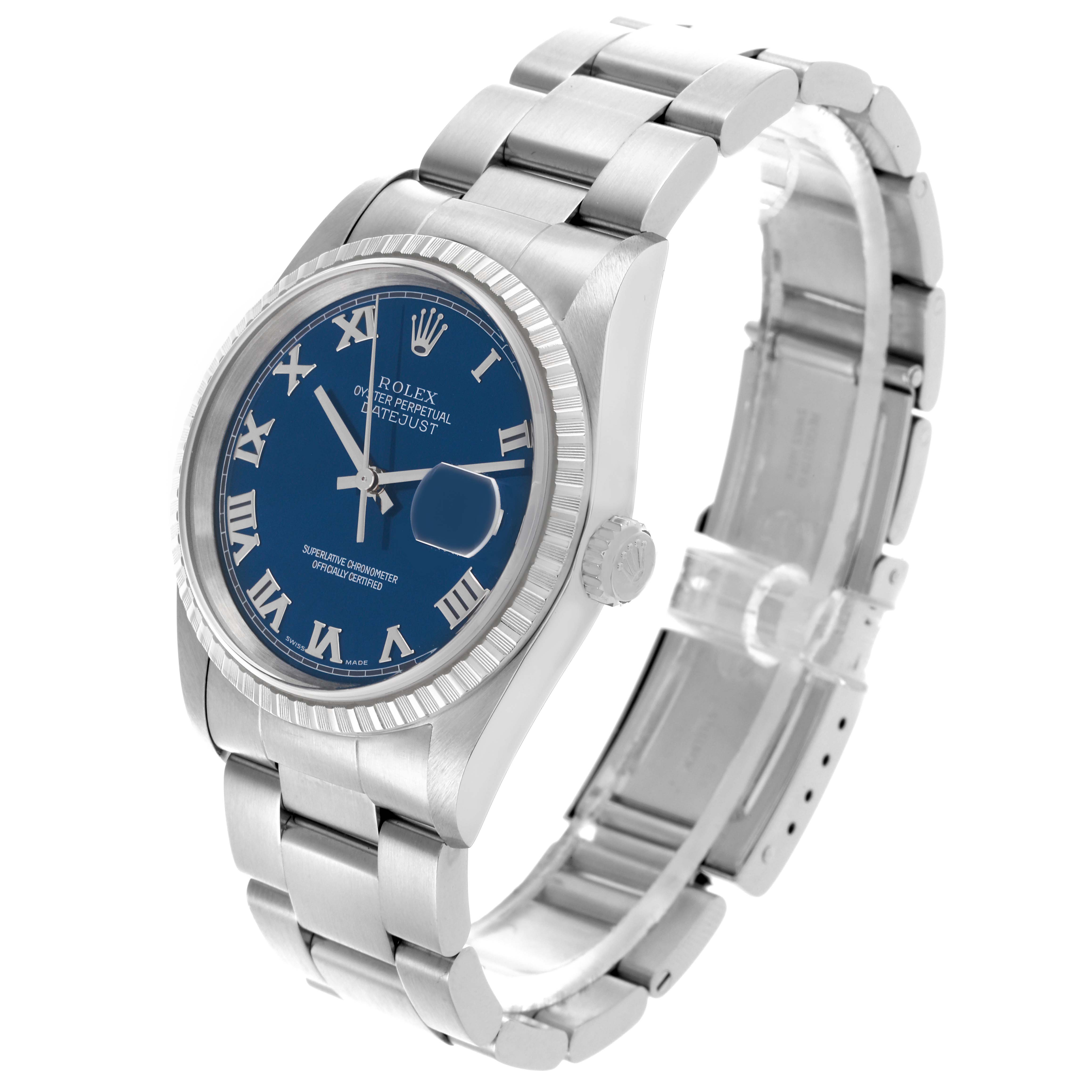 The Rolex Datejust 16220 Men's Stainless Steel Blue Dial is shown from a three-quarter angle, highlighting the blue dial, bezel, crown, and bracelet.