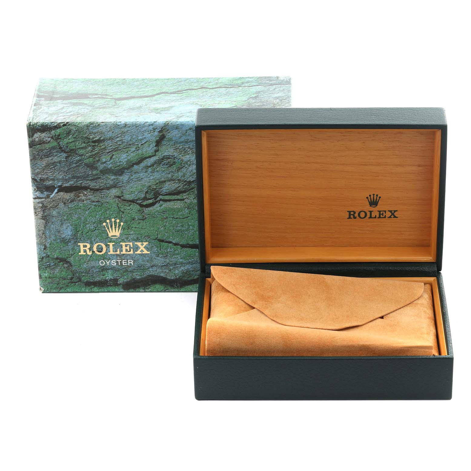 The image shows a Rolex Datejust 16220 Men's Stainless Steel Blue Dial watch box, including an open wooden interior and a wrapped suede watch sleeve.
