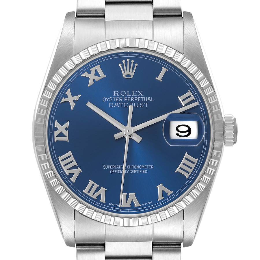 The Rolex Datejust 16220 Men's Stainless Steel Blue Dial watch is shown from the front, displaying the dial, hands, bezel, and part of the bracelet.
