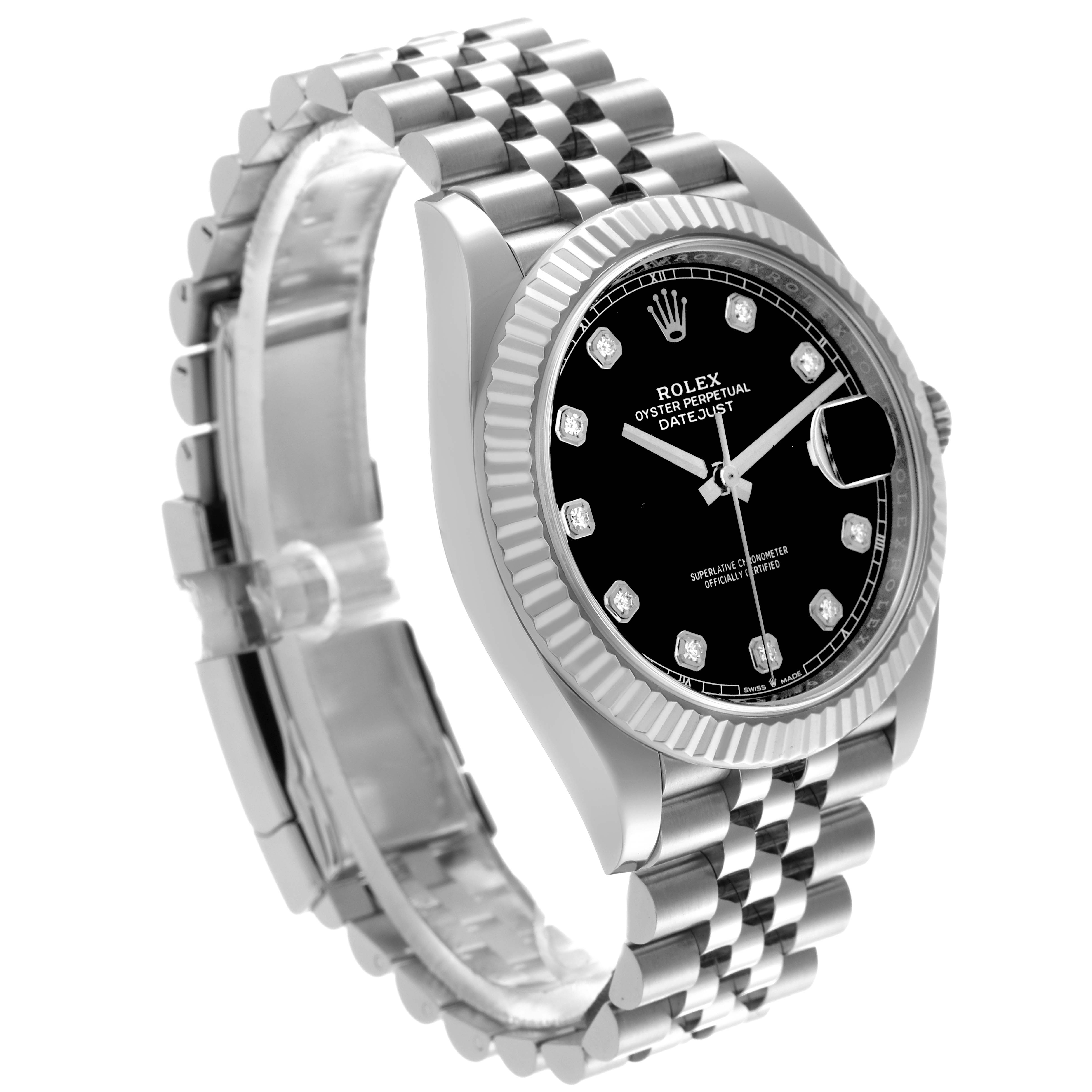 The Rolex Datejust 41 126334 Men's Stainless Steel Black Dial 126334 Men's Stainless Steel Black Dial watch is shown at an angle highlighting its case, bezel, jubilee bracelet, and black dial with diamond markers.
