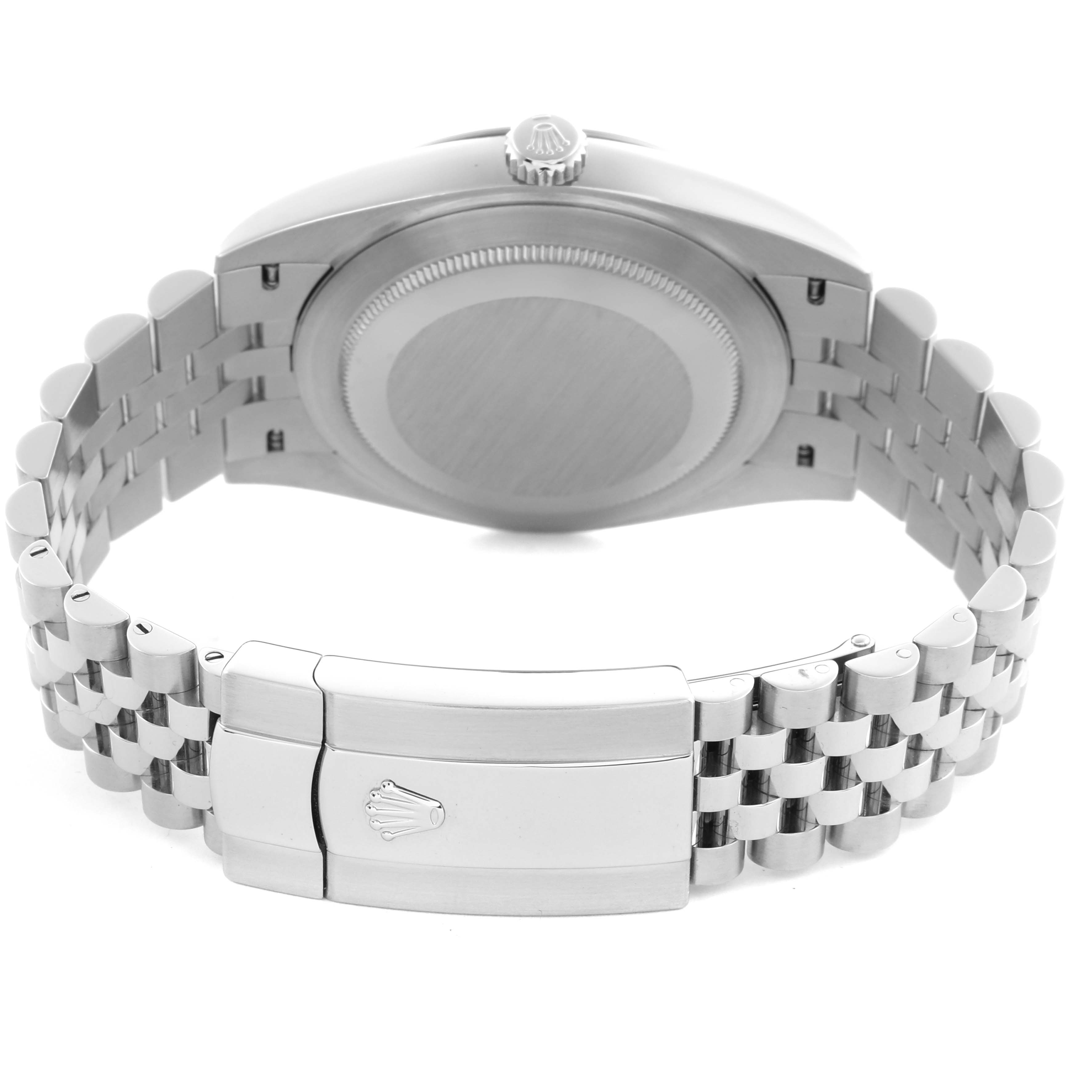 The Rolex Datejust 41 126334 Men's Stainless Steel Black Dial 126334 Men's Stainless Steel Black Dial is shown from the back, highlighting the case, clasp, and bracelet.