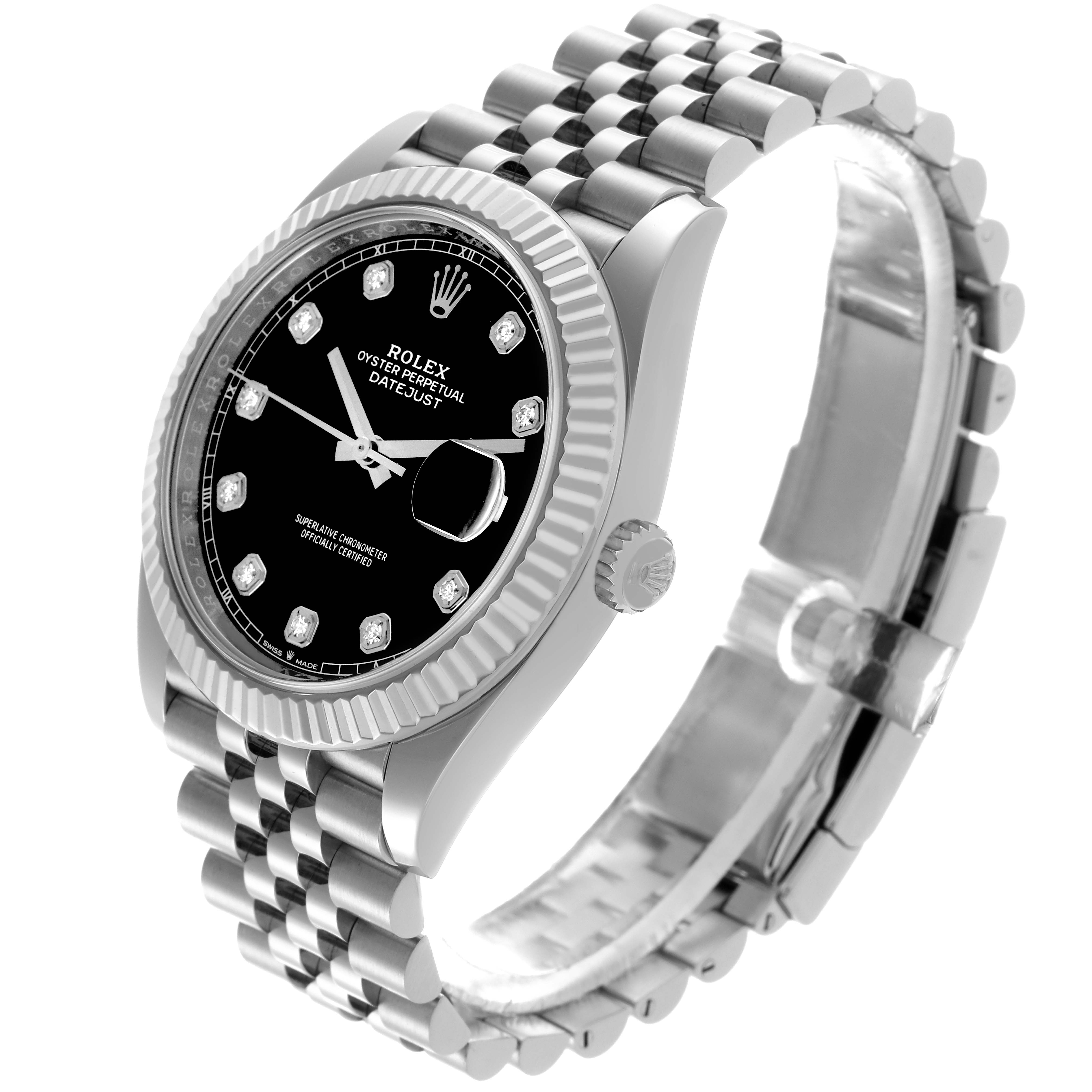 The Rolex Datejust 41 126334 Men's Stainless Steel Black Dial 126334 Men's Stainless Steel Black Dial watch is shown from an angled view focusing on the face, bezel, and bracelet.