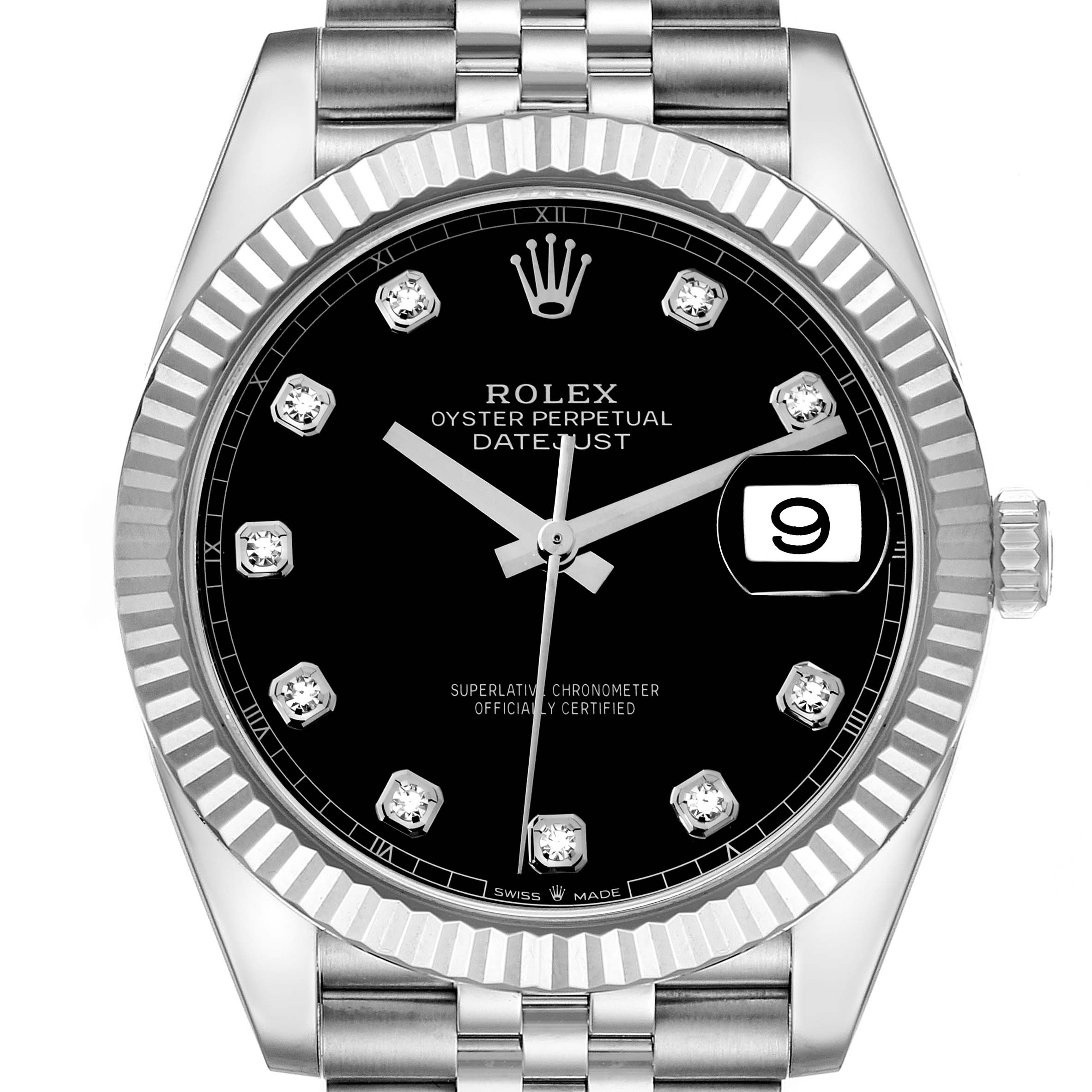 The image shows a frontal view of the Rolex Datejust 41 126334 Men's Stainless Steel Black Dial 126334 Men's Stainless Steel Black Dial, featuring the dial, bezel, and part of the bracelet.