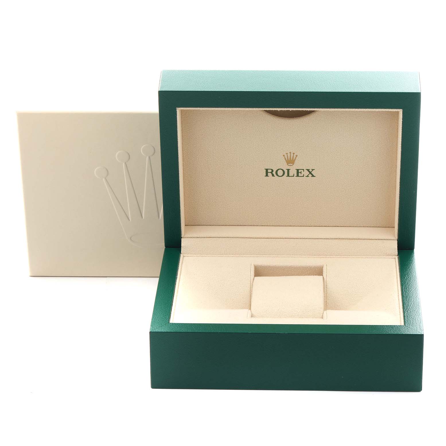 The image shows a Rolex Datejust 41 126334 Men's Stainless Steel Black Dial 126334 Men's Stainless Steel Black Dial watch box in a three-quarter angle, featuring a green exterior and beige interior with logo.