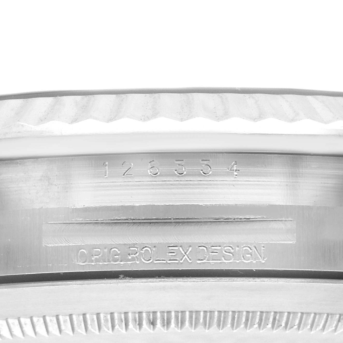 The image shows a close-up of the case side of a Rolex Datejust 41 126334 Men's Stainless Steel Black Dial 126334 Men's Stainless Steel Black Dial, highlighting the engraved model number and "Orig Rolex Design."