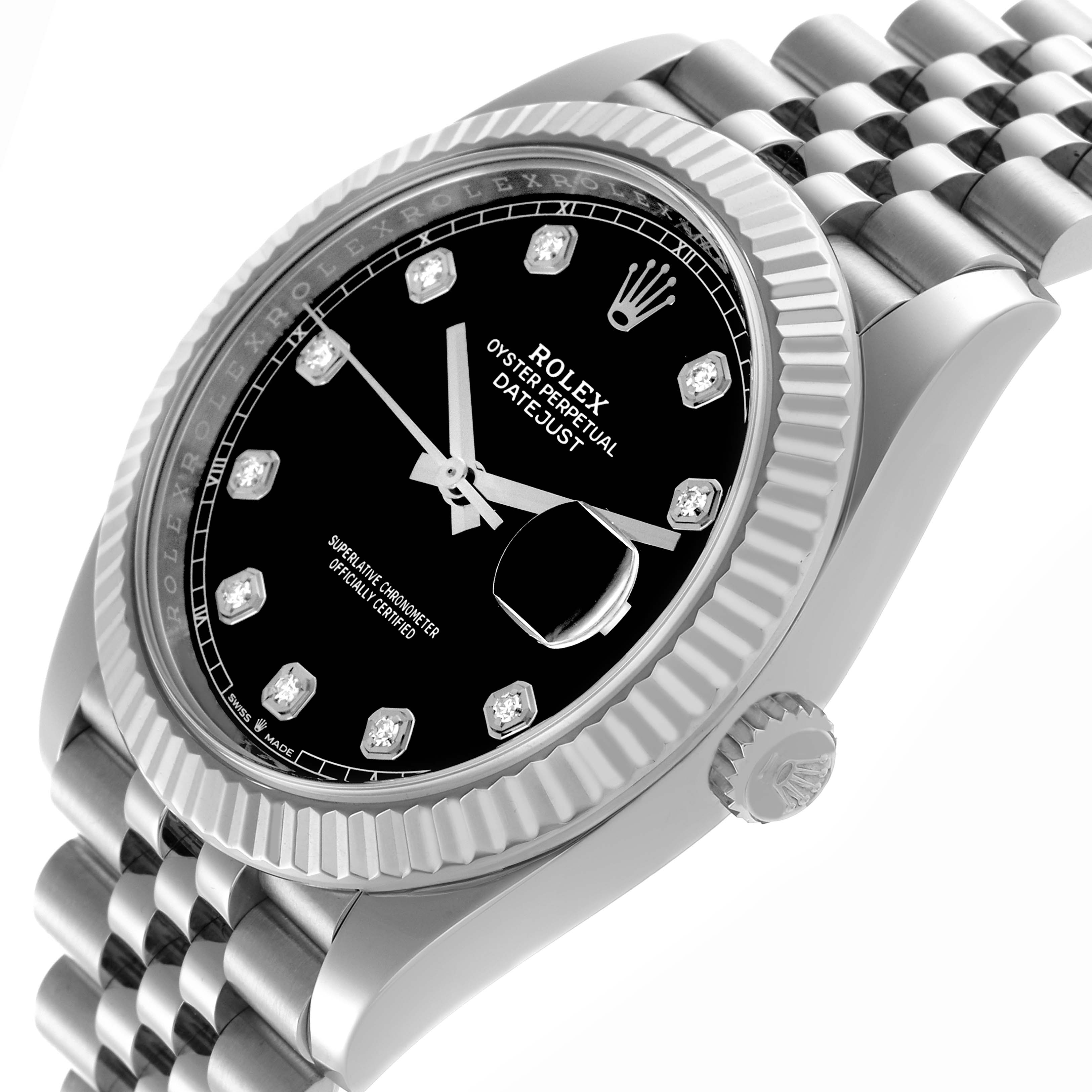 The Rolex Datejust 41 126334 Men's Stainless Steel Black Dial 126334 Men's Stainless Steel Black Dial is shown from an angled side view, highlighting its black dial, bezel, and jubilee bracelet.
