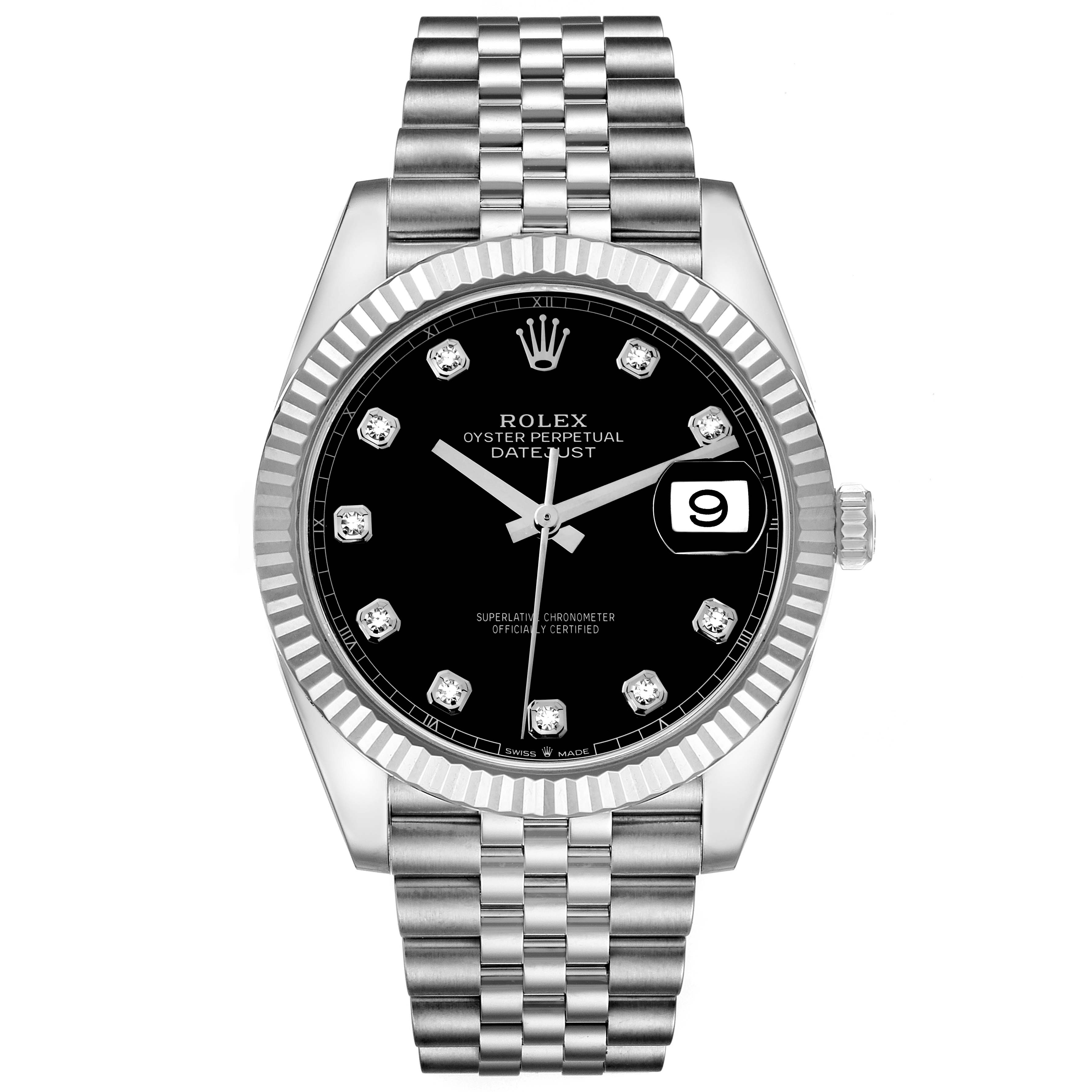 The Rolex Datejust 41 126334 Men's Stainless Steel Black Dial 126334 Men's Stainless Steel Black Dial is shown from the front, displaying its black dial, diamond hour markers, date window, fluted bezel, and Jubilee bracelet.