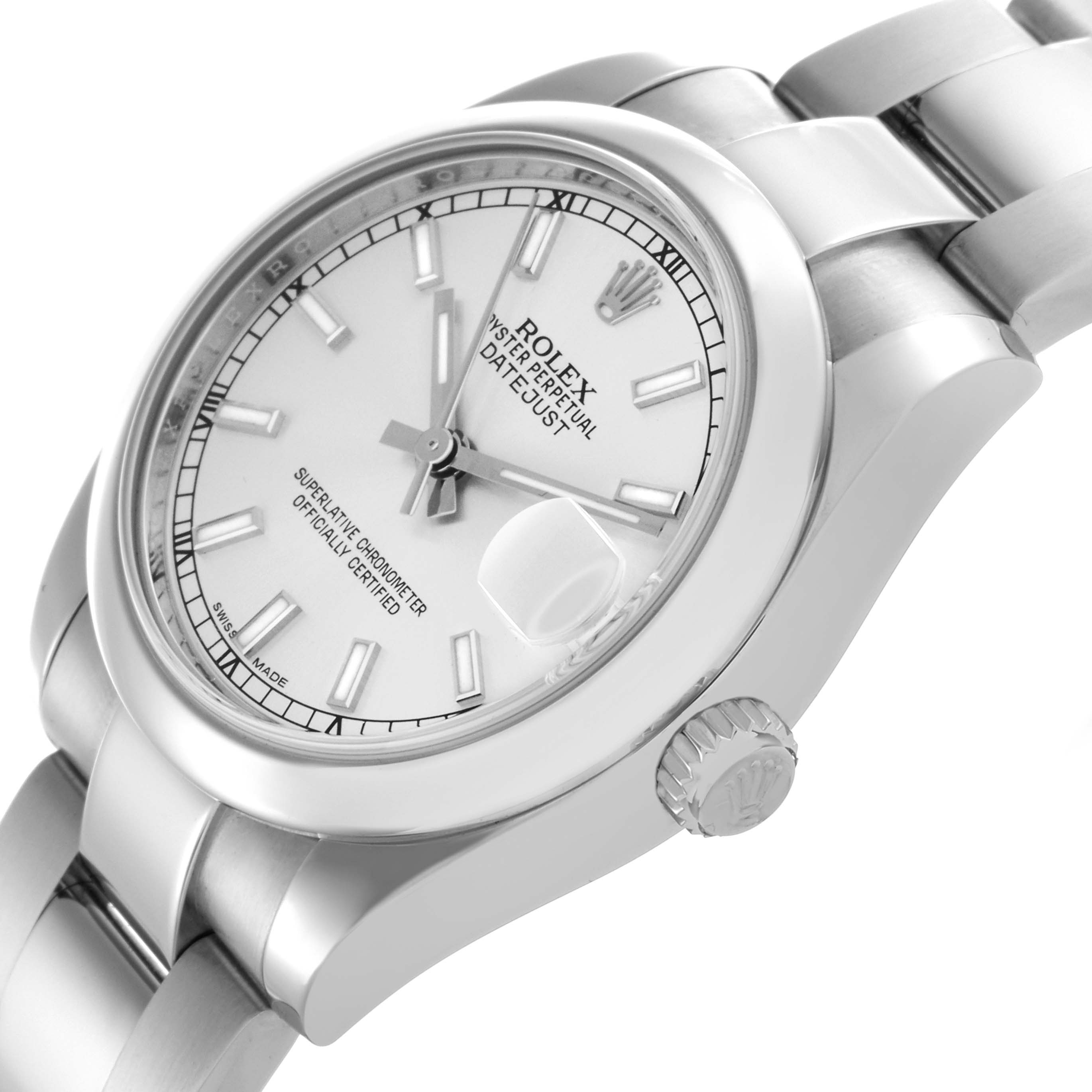 The Rolex Datejust Mid-Size watch is shown from an angled side view highlighting the dial, bezel, crown, and bracelet.