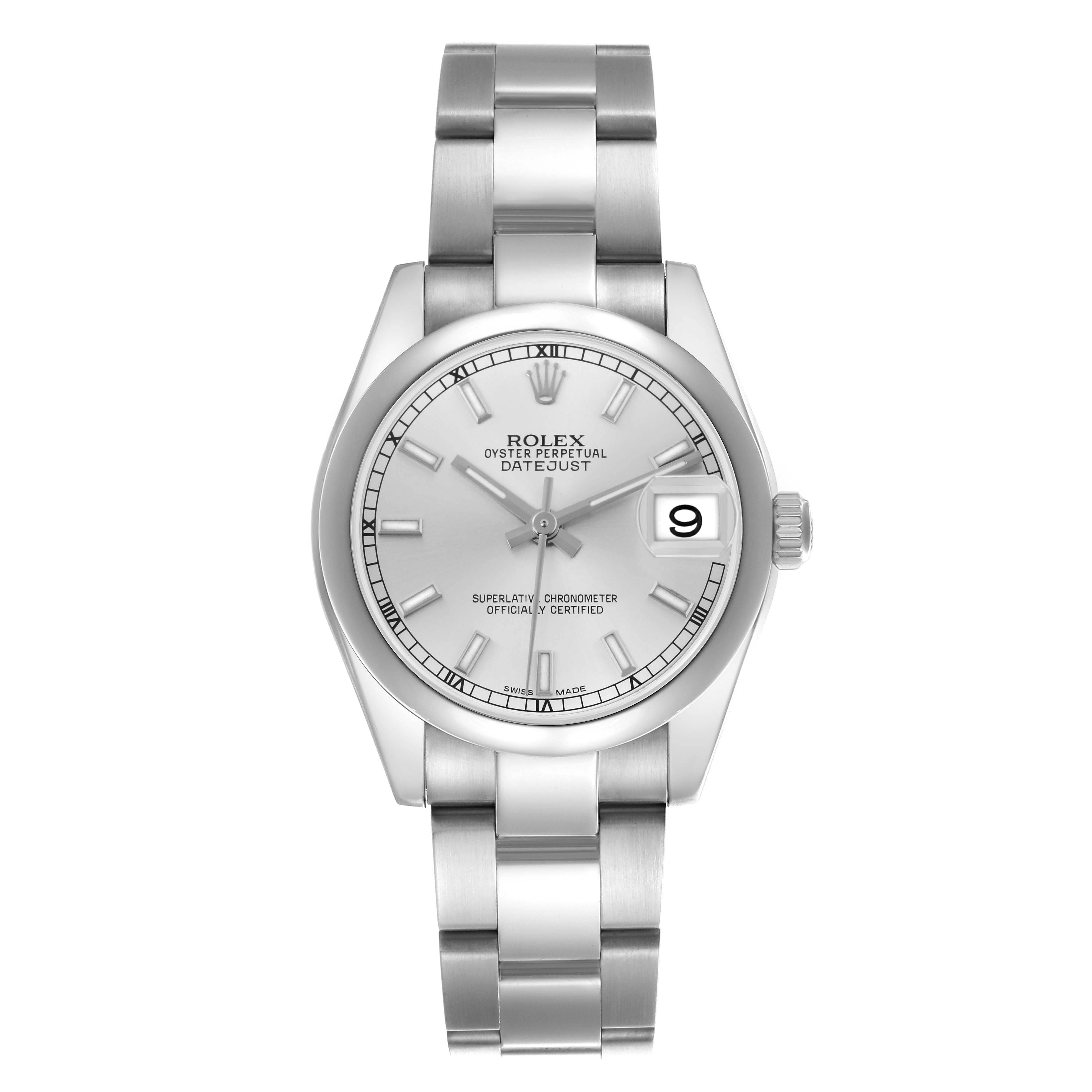 The Rolex Mid-Size 178240 Women's Stainless Steel Silver Dial 178240 Women's Stainless Steel Silver Dial Oyster Perpetual Datejust is shown from a top-down angle, highlighting the dial, bezel, and bracelet.