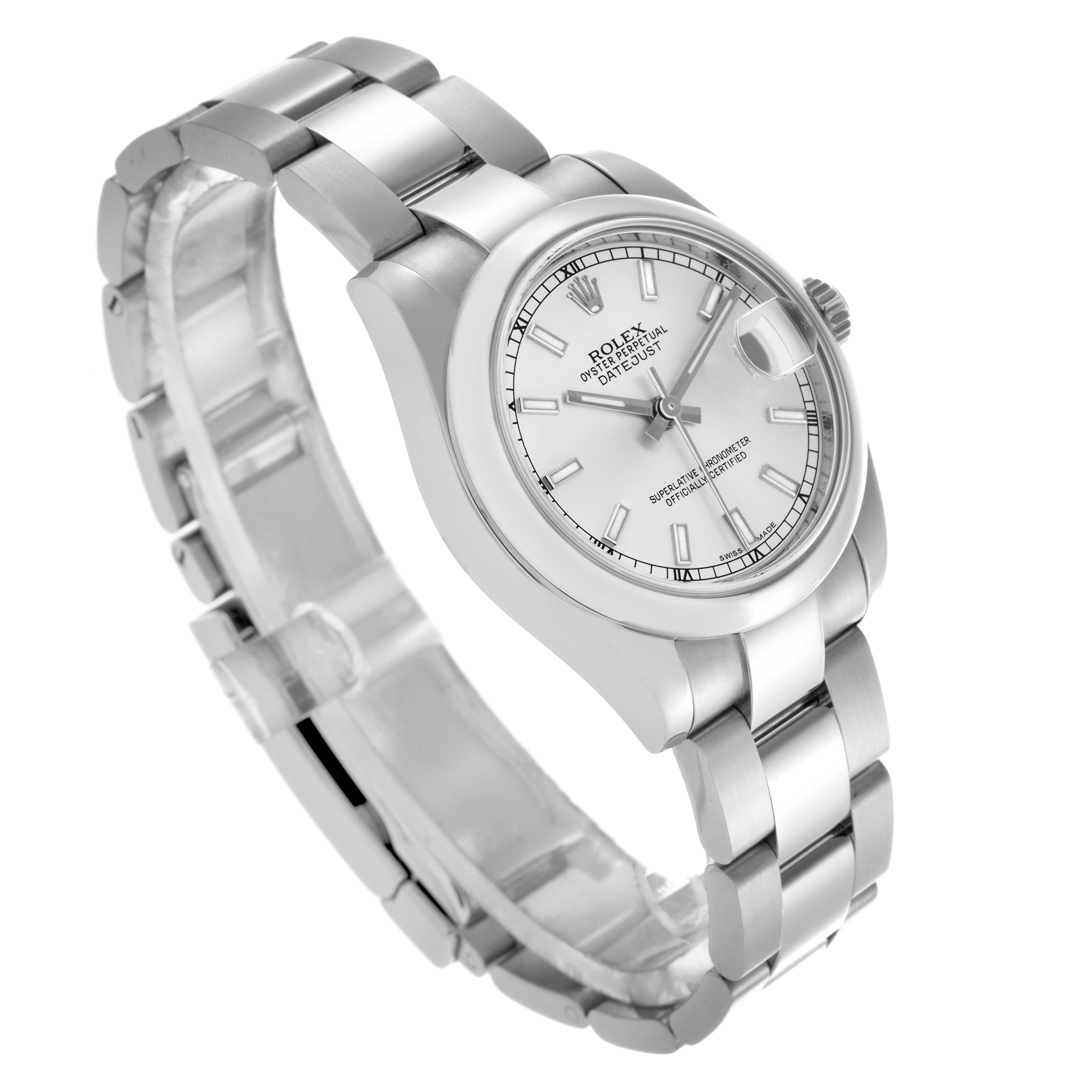 The Rolex Mid-Size 178240 Women's Stainless Steel Silver Dial 178240 Women's Stainless Steel Silver Dial watch is angled to show the dial, bezel, crown, and bracelet clearly.