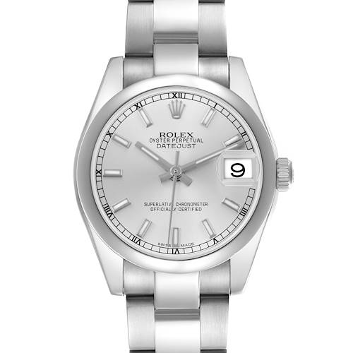 The Rolex Datejust Mid-Size watch is shown front-facing, highlighting the dial, date window, and bracelet.