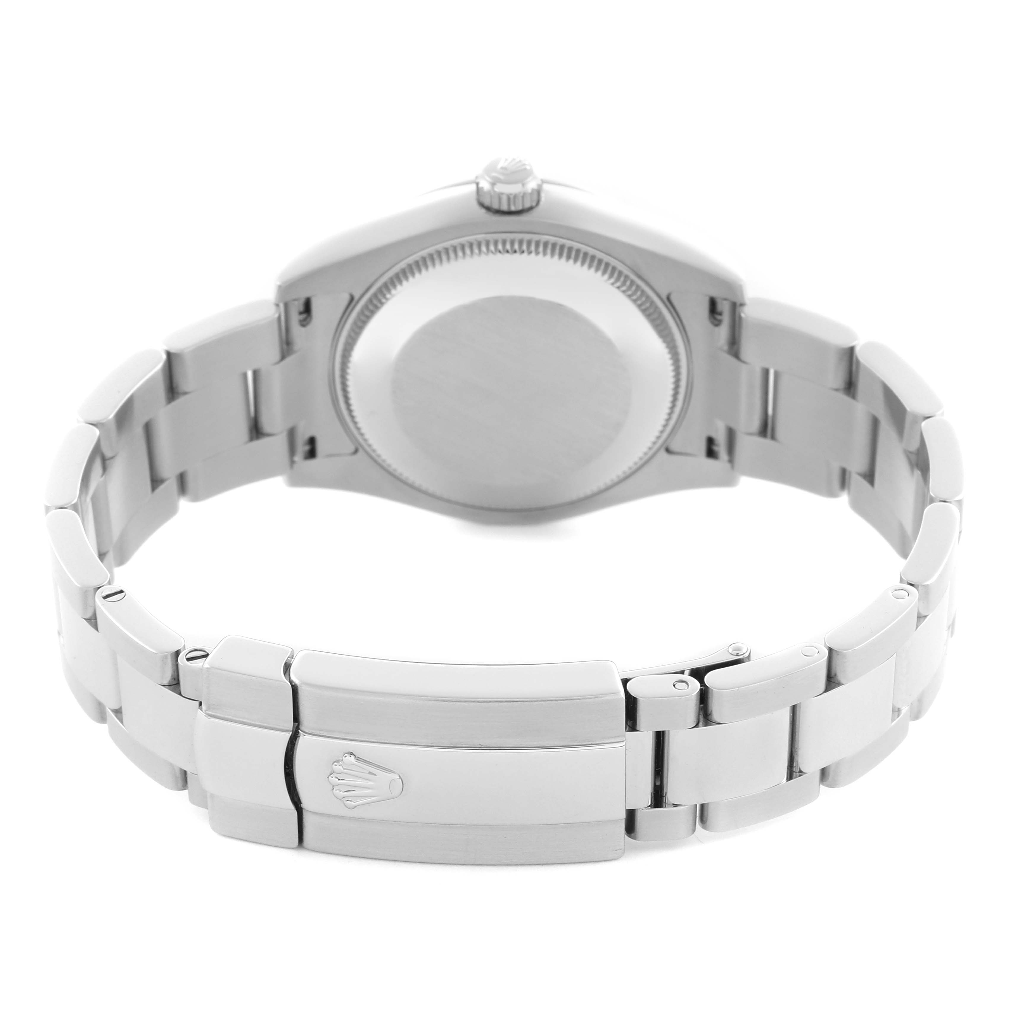 The image shows the back view of a Mid-Size Rolex watch, highlighting the case back and bracelet clasp.