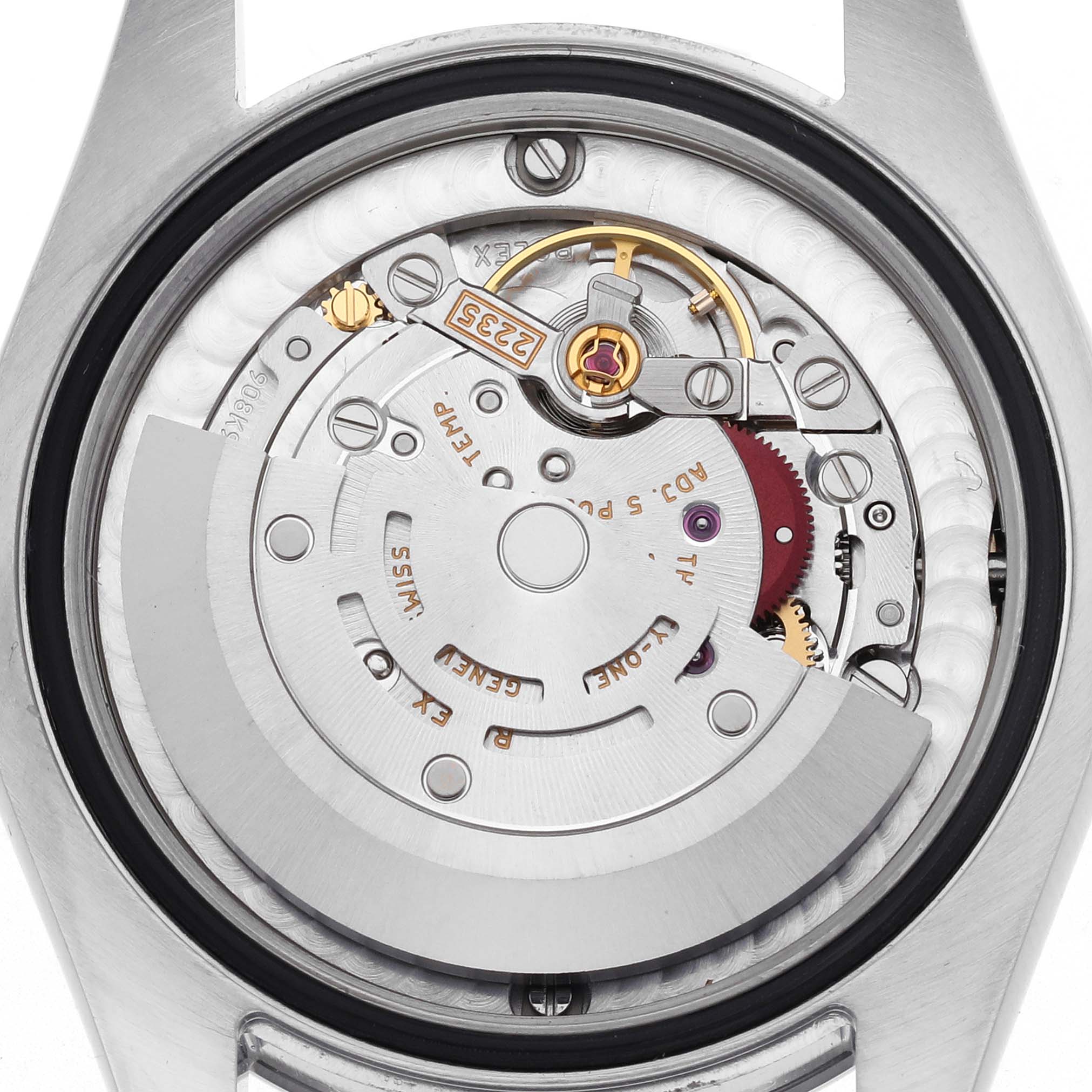 This image shows the movement of a Rolex Mid-Size 178240 Women's Stainless Steel Silver Dial 178240 Women's Stainless Steel Silver Dial watch from the back, revealing its intricate mechanical parts.