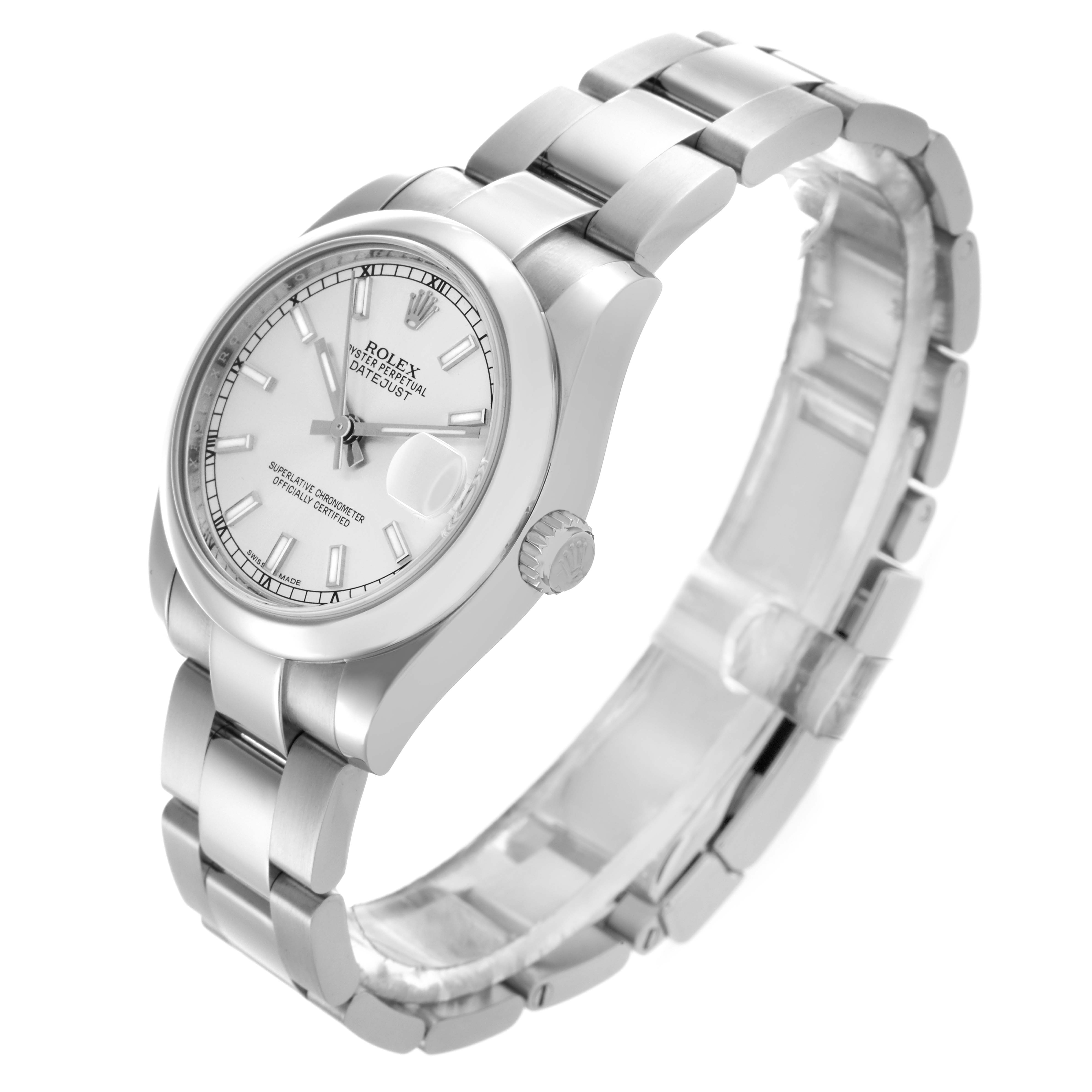 The Rolex Mid-Size 178240 Women's Stainless Steel Silver Dial 178240 Women's Stainless Steel Silver Dial watch is shown at a slight angle, highlighting the face, bezel, crown, and part of the bracelet.