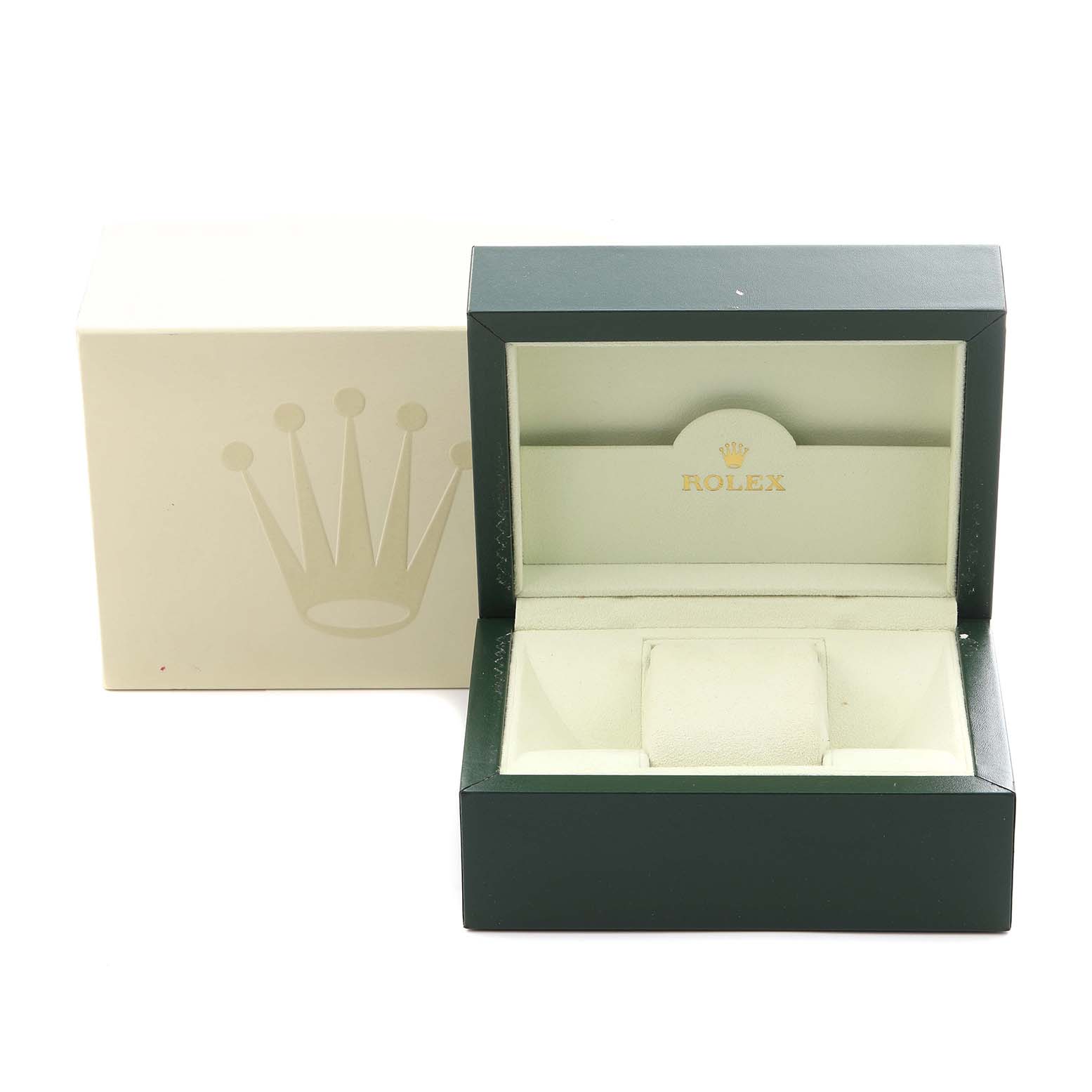 The image shows an open Rolex Mid-Size 178240 Women's Stainless Steel Silver Dial 178240 Women's Stainless Steel Silver Dial watch box at an eye-level angle, with visible interior and exterior branding details.