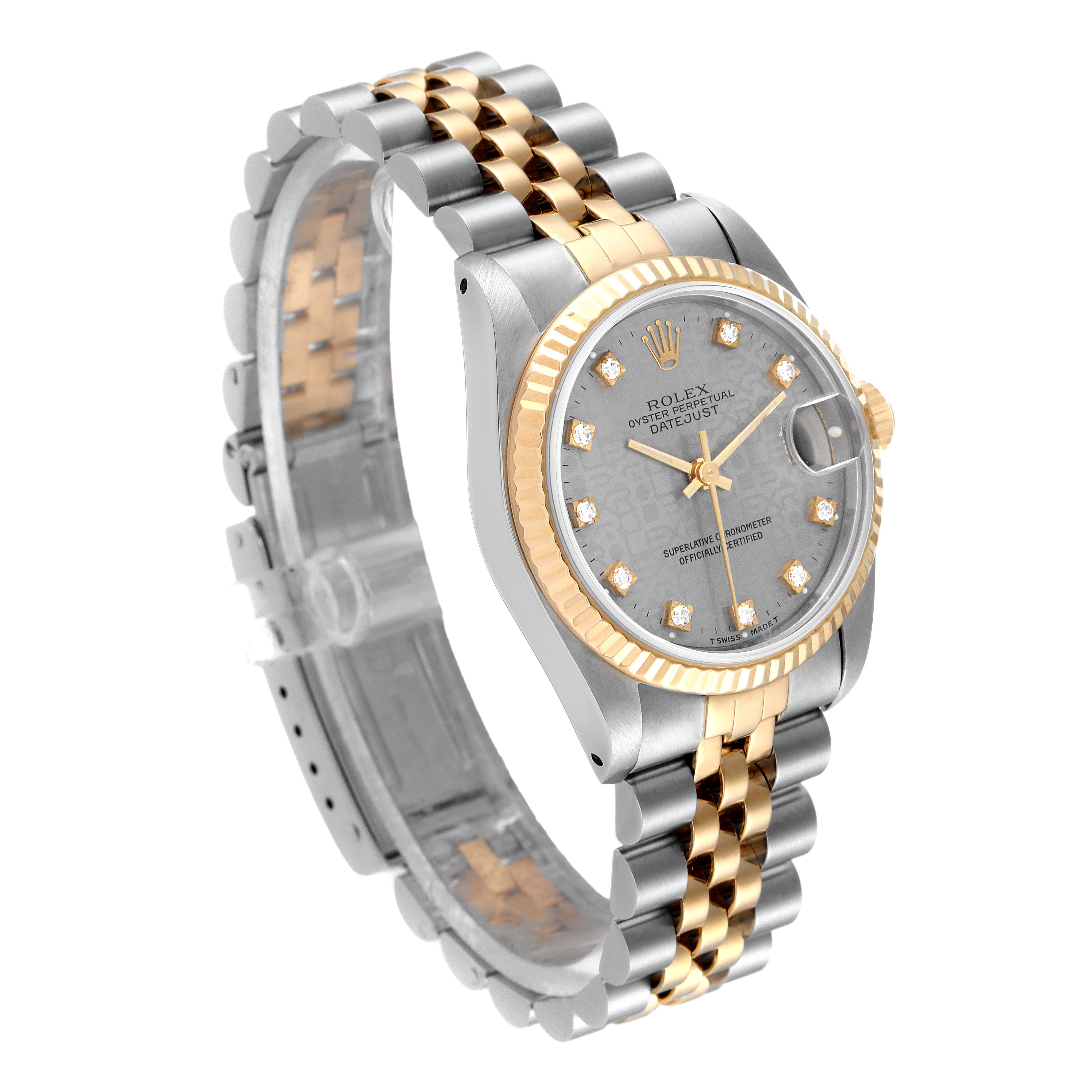 The image shows a Rolex Datejust Mid-Size watch at a slight angle, detailing the dial, bezel, and two-tone bracelet.