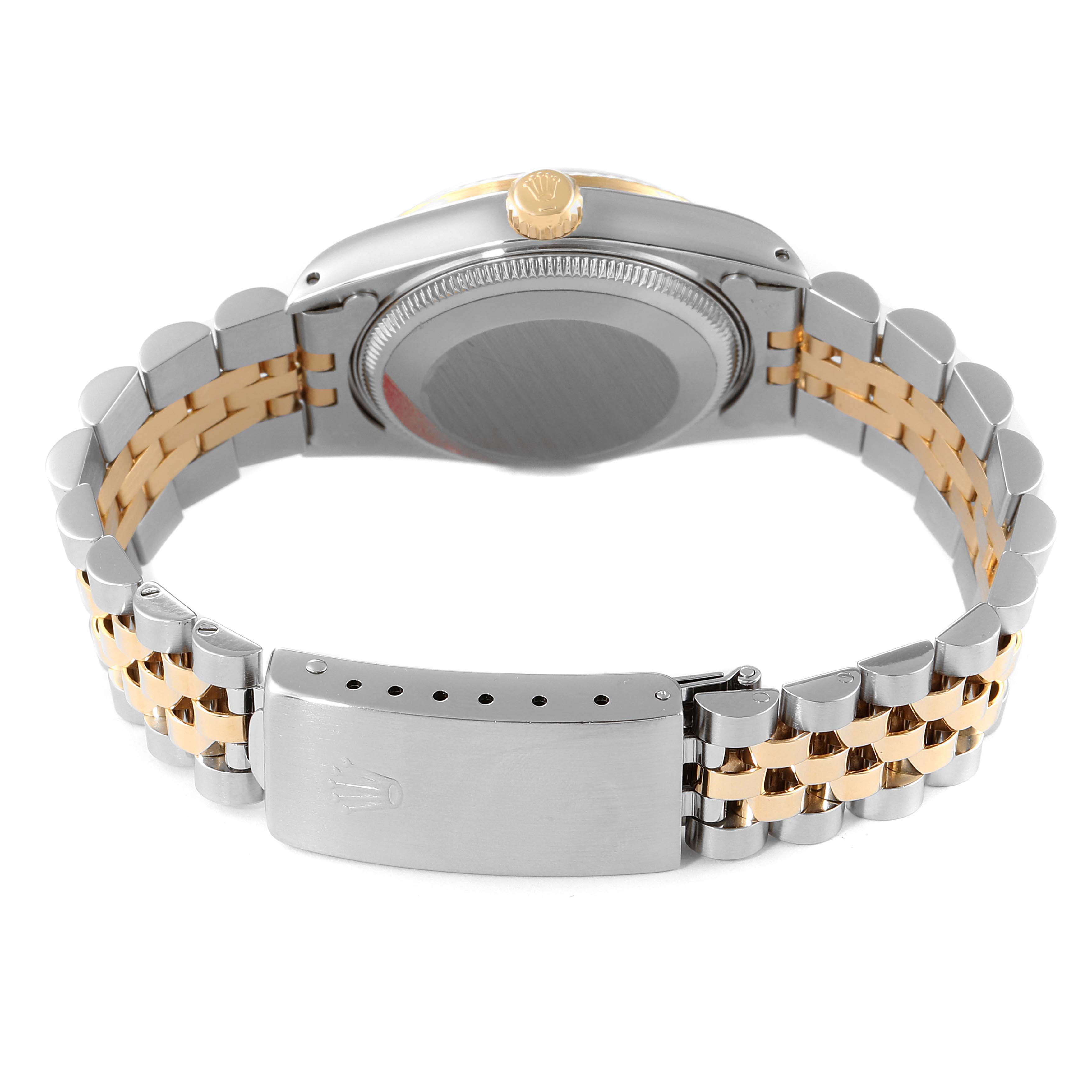 This image shows the back view of the Rolex Mid-Size 68273 Women
s Steel and Gold (two tone) Silver Dial 68273 Women
s Steel and Gold (two tone) Silver Dial model watch, highlighting its two-tone bracelet and clasp.