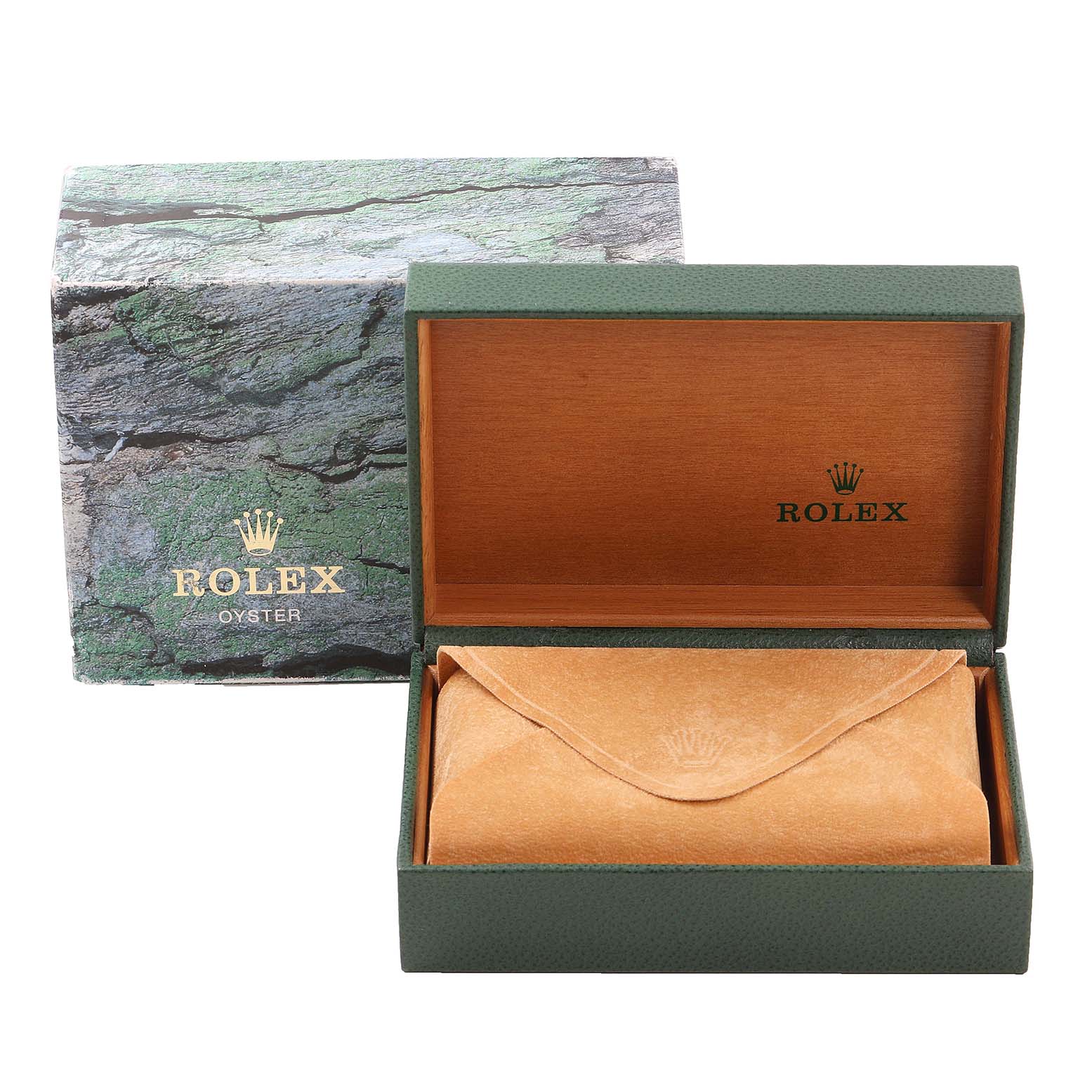 The image shows the packaging and protective pouch for a Rolex Mid-Size 68273 Women
s Steel and Gold (two tone) Silver Dial 68273 Women
s Steel and Gold (two tone) Silver Dial watch.