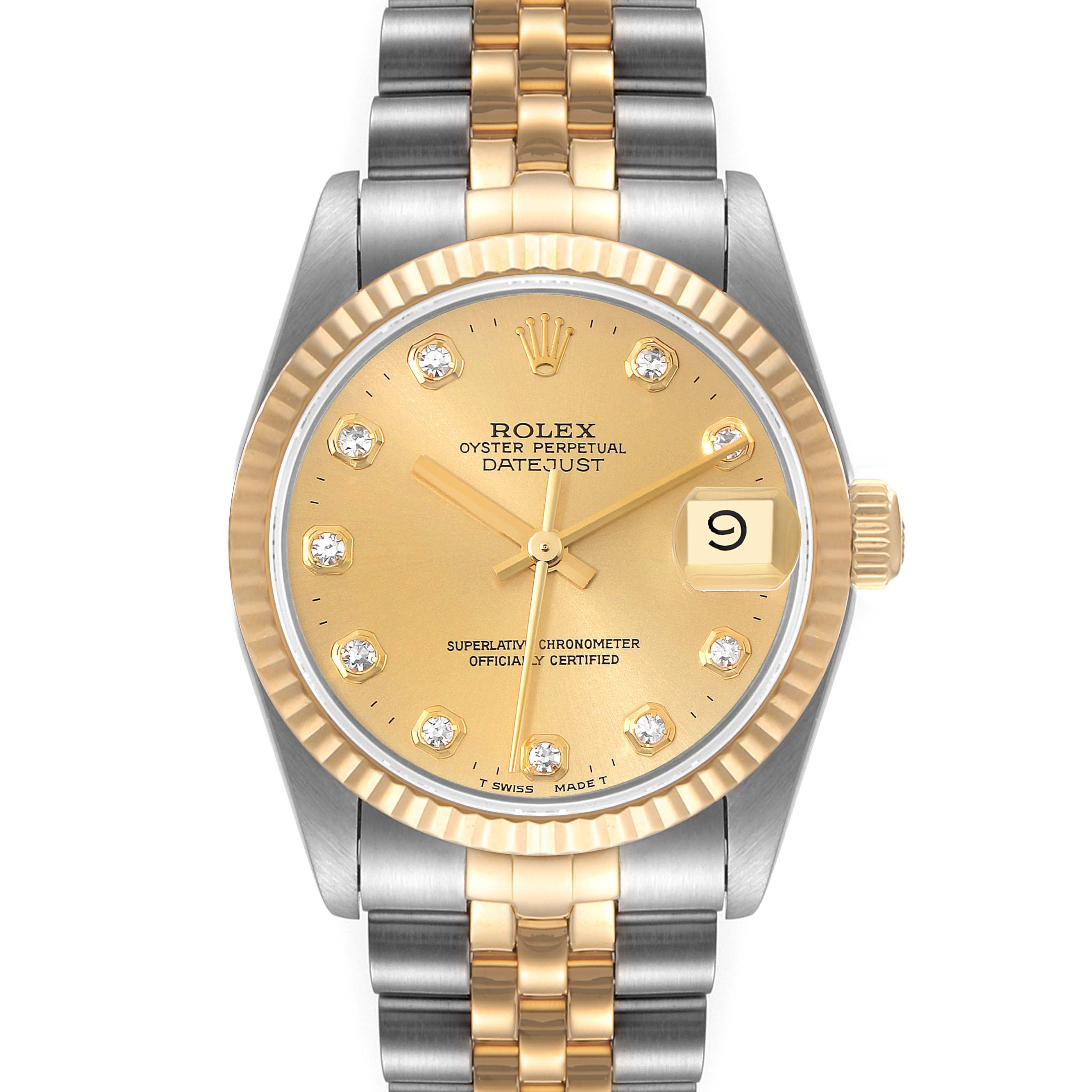 The image shows a front view of a Rolex Oyster Perpetual Datejust Mid-Size watch with a gold dial and two-tone bracelet.