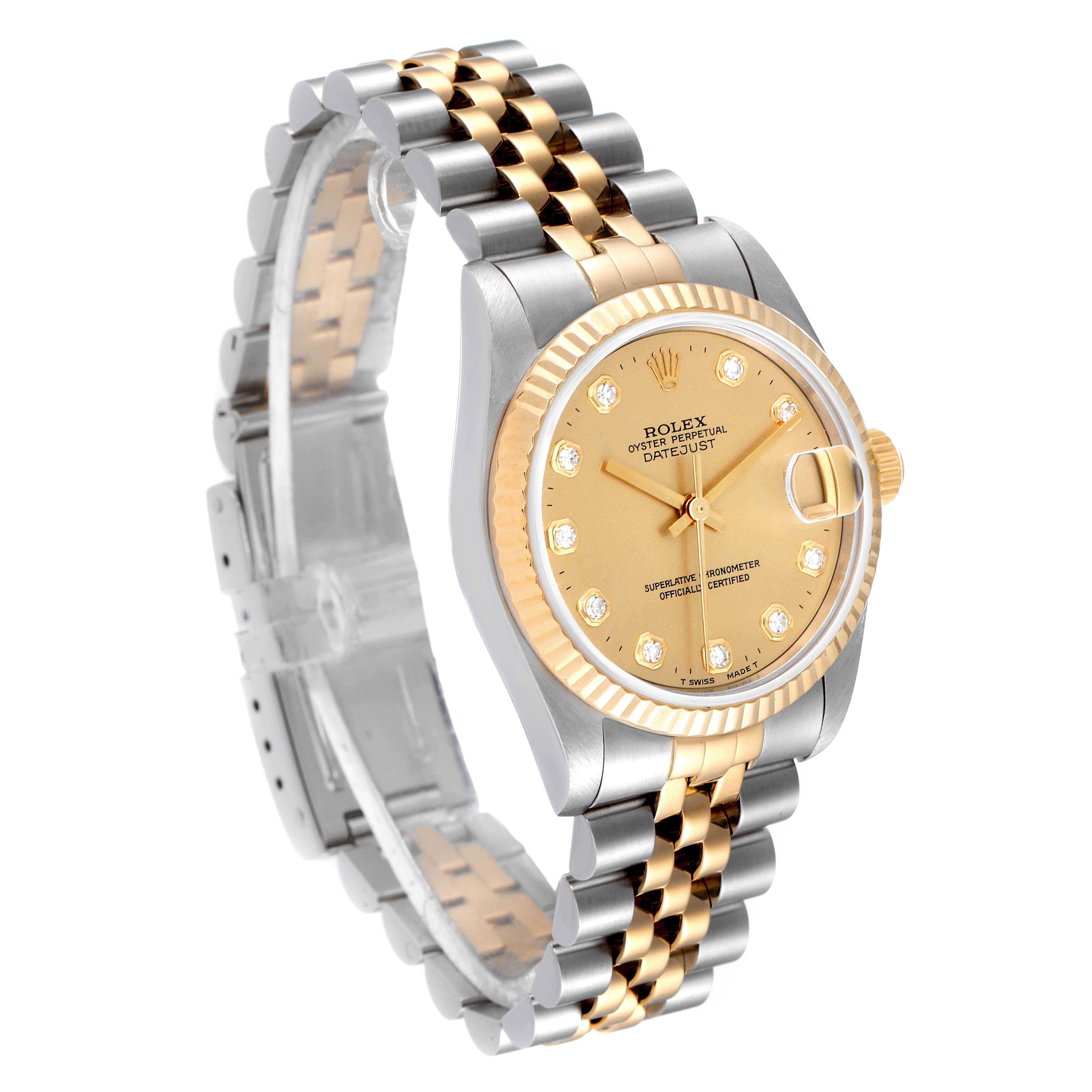 The Rolex Mid-Size 68273 Women
s Steel and Gold (two tone) Champagne Dial 68273 Women
s Steel and Gold (two tone) Champagne Dial model is shown at an angled view, displaying the dial, bezel, crown, and two-tone bracelet.