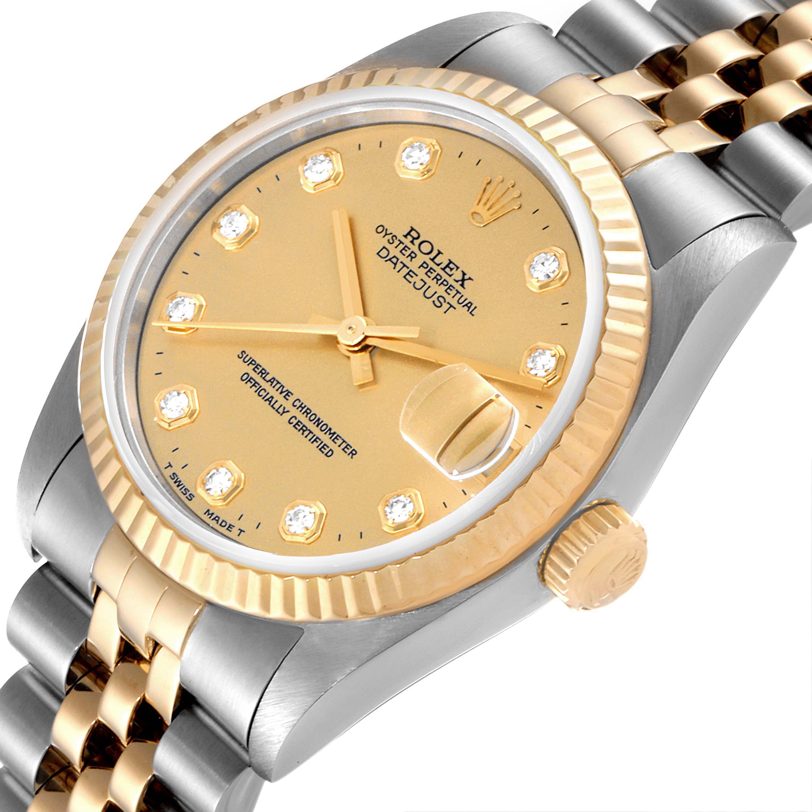 This image shows a close-up angled view of the dial, case, bezel, and bracelet of a Rolex Mid-Size 68273 Women
s Steel and Gold (two tone) Champagne Dial 68273 Women
s Steel and Gold (two tone) Champagne Dial Datejust watch.