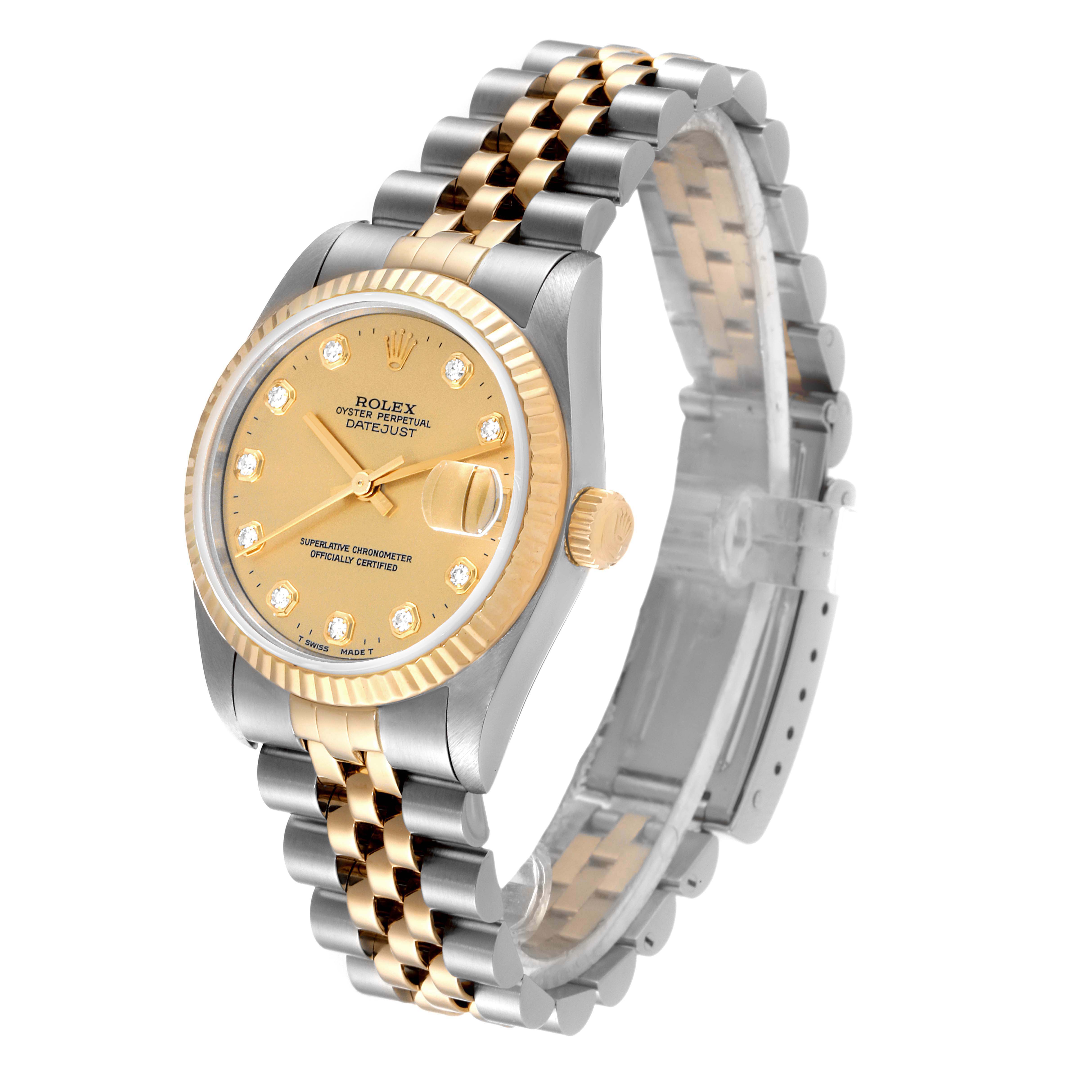 This image shows a Mid-Size Rolex Datejust watch with a jubilee bracelet viewed at an angle showcasing the face and part of the band.