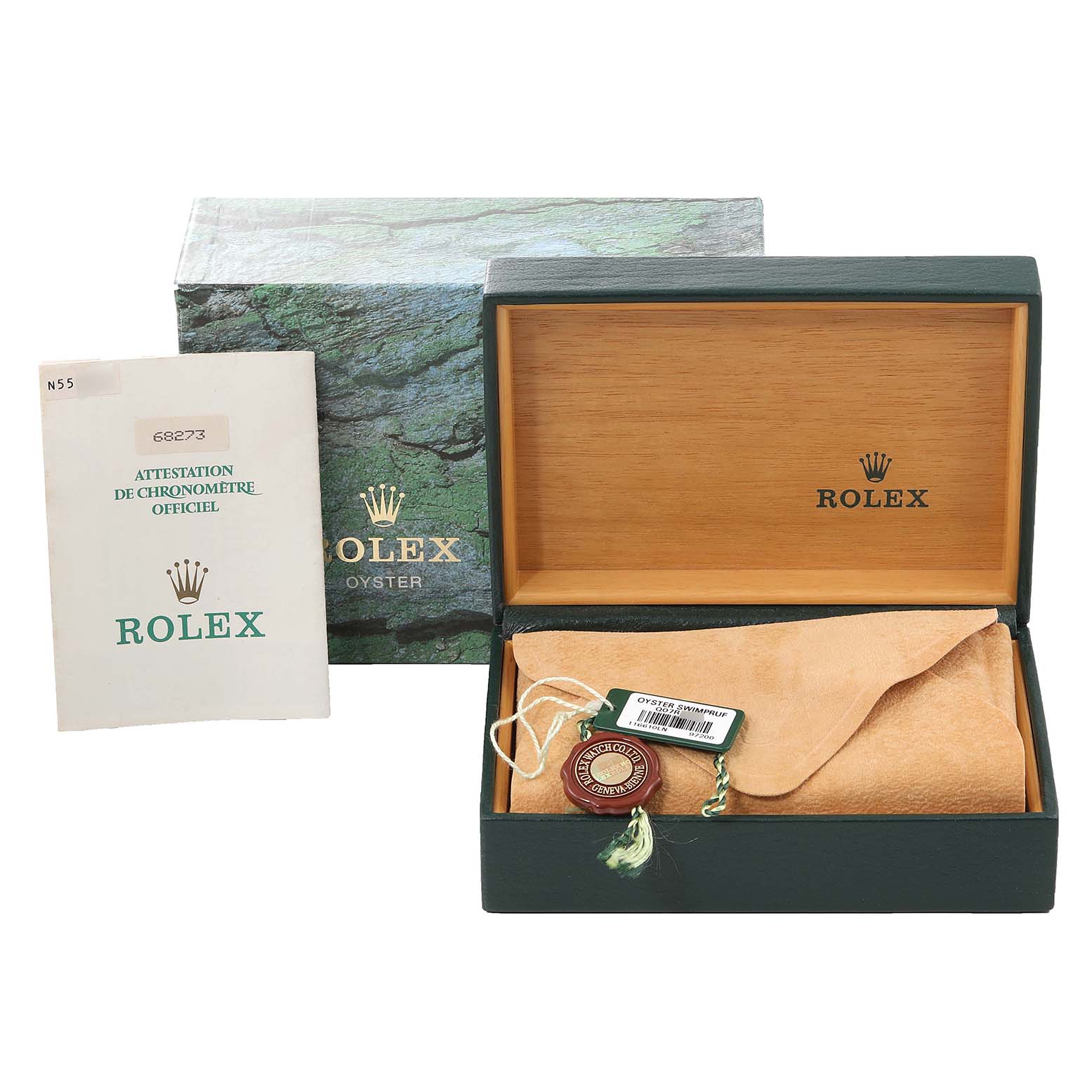 The image shows a Rolex box set for a Mid-Size model, including the outer box, inner box, warranty booklet, tag, and suede pouch.