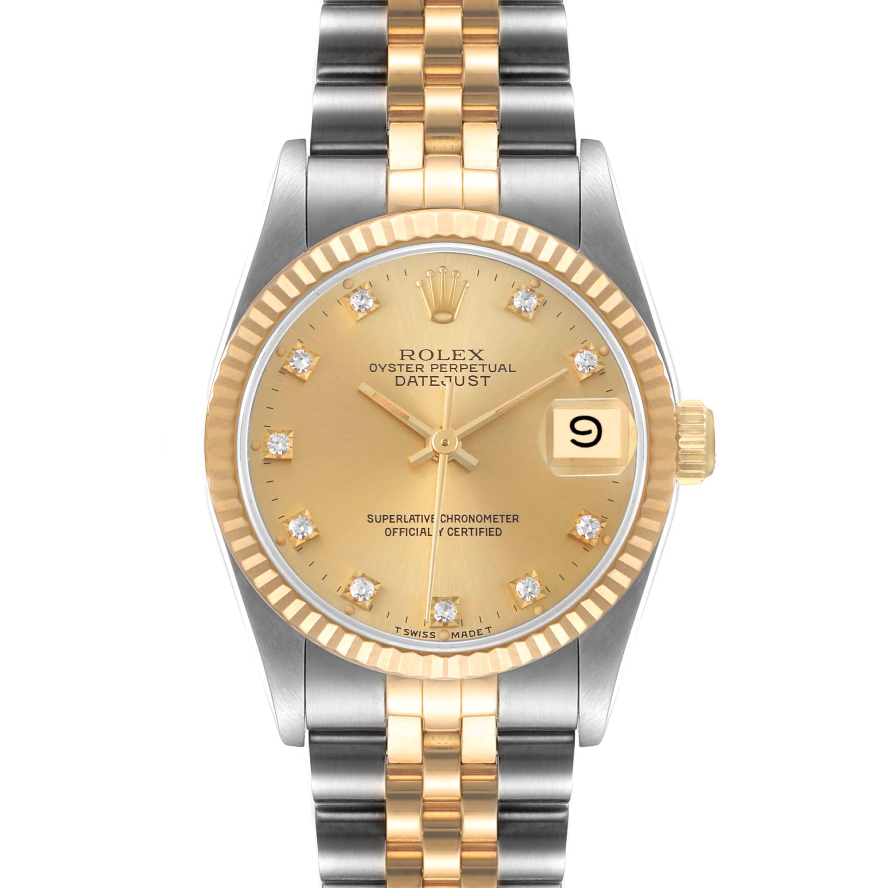 The image shows a front view of a Rolex Mid-Size 68273 Women
s Steel and Gold (two tone) Champagne Dial 68273 Women
s Steel and Gold (two tone) Champagne Dial Oyster Perpetual Datejust watch, highlighting its dial, bezel, and bracelet.
