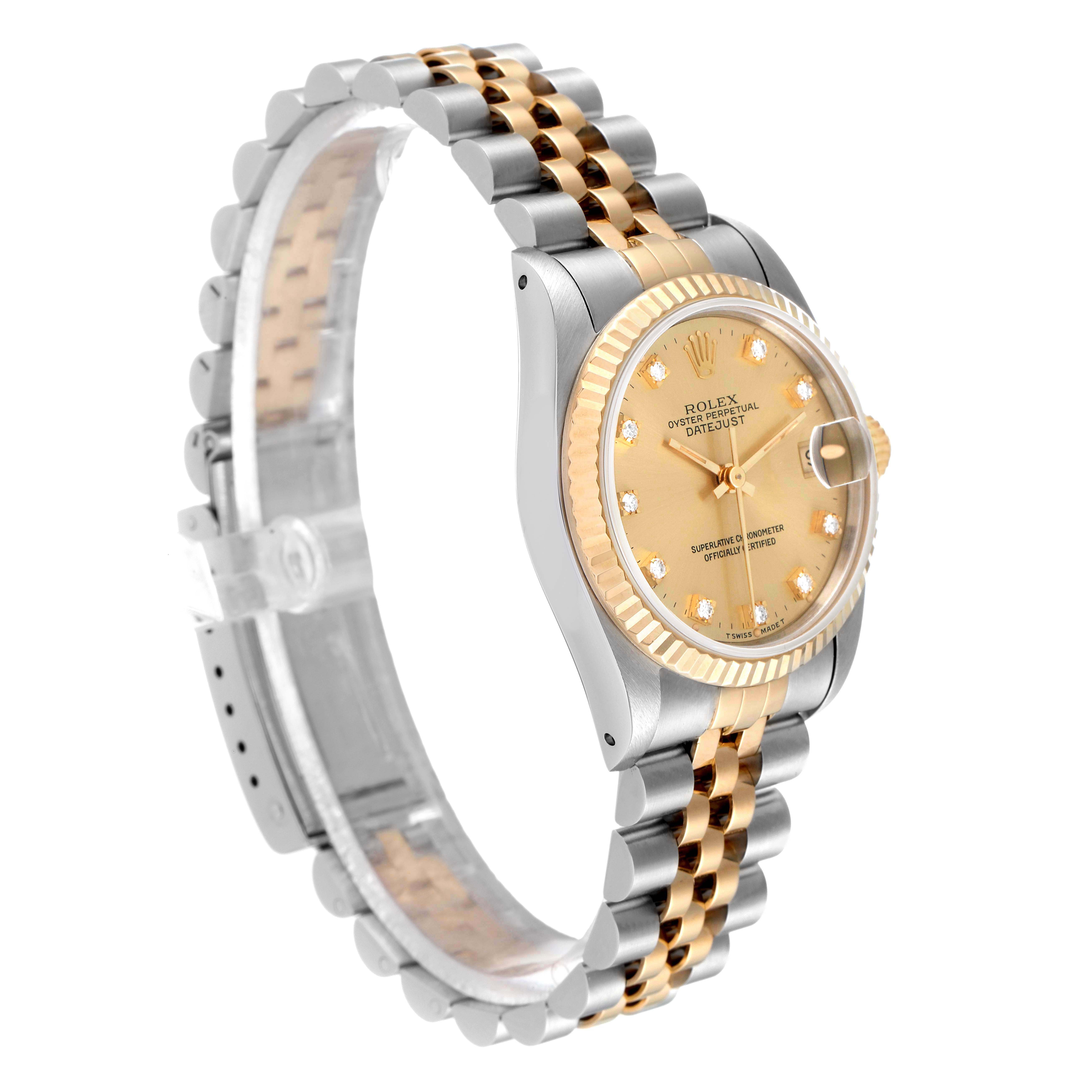 The Rolex Mid-Size 68273 Women
s Steel and Gold (two tone) Champagne Dial 68273 Women
s Steel and Gold (two tone) Champagne Dial watch is shown from an angled side view, displaying the face, bezel, and part of the bracelet.