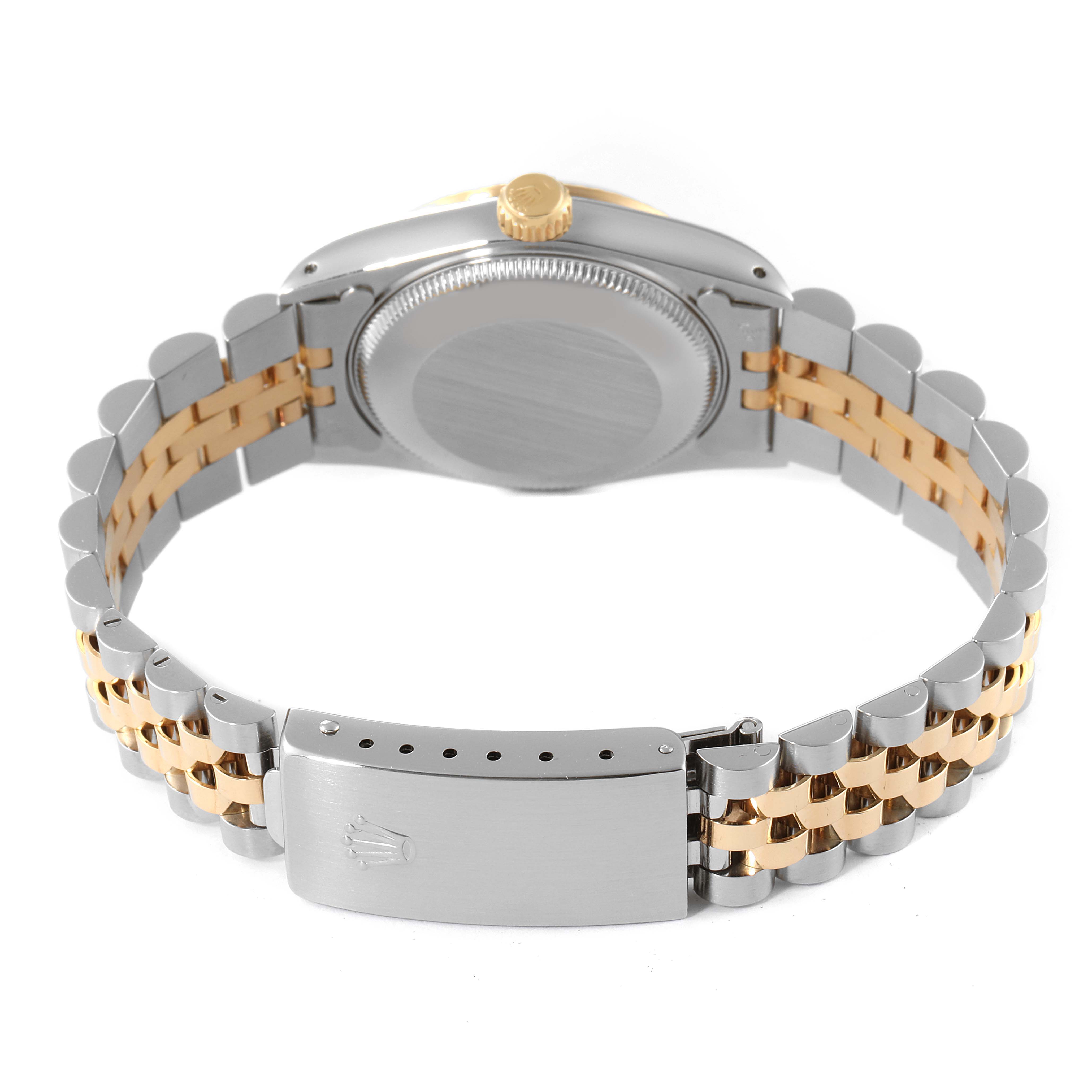 The image shows the back view of a Mid-Size Rolex watch, highlighting the case back, crown, and two-tone bracelet with the clasp.