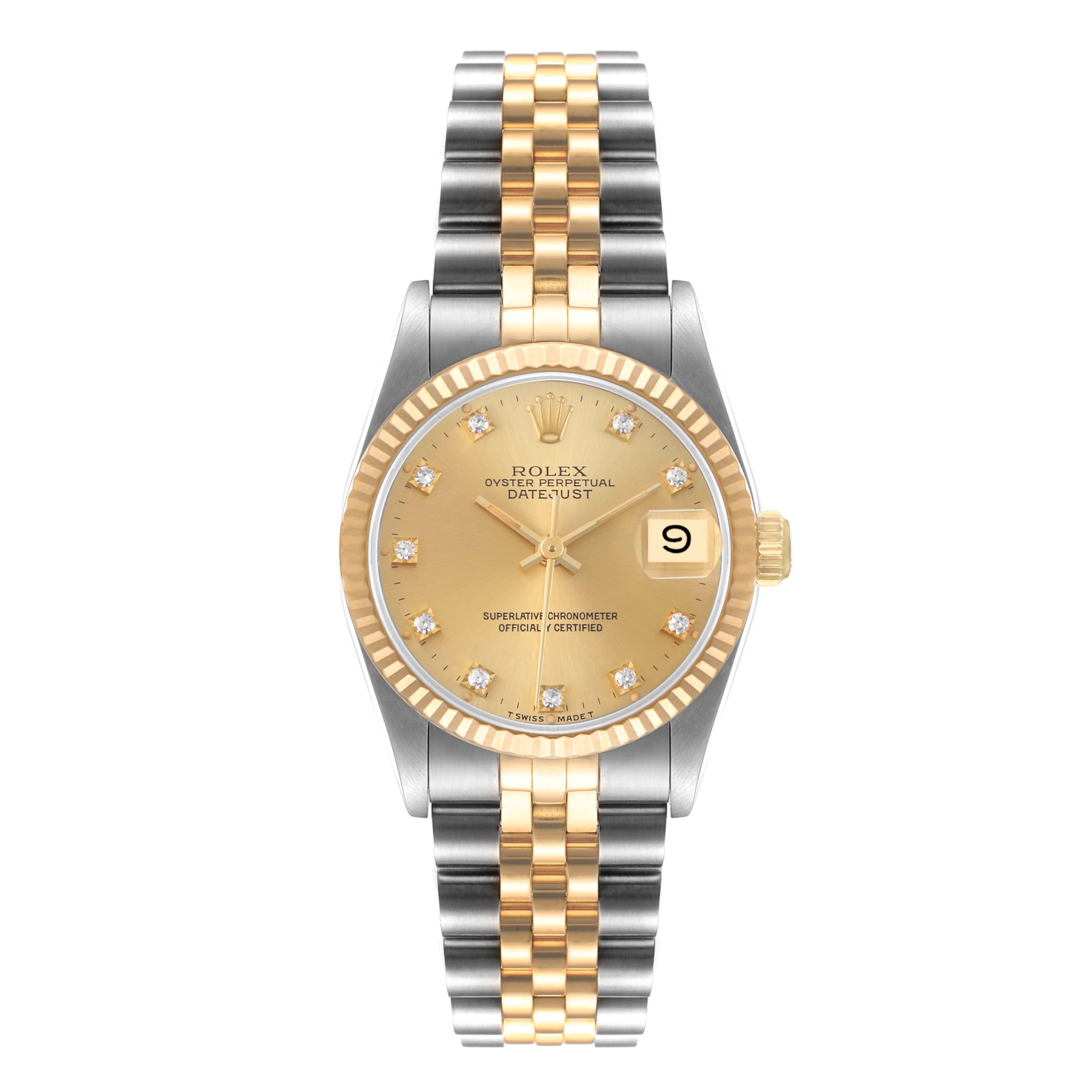 The image shows a front view of the Rolex Mid-Size 68273 Women
s Steel and Gold (two tone) Champagne Dial 68273 Women
s Steel and Gold (two tone) Champagne Dial Oyster Perpetual Datejust watch with a gold and silver bracelet, and a champagne dial.