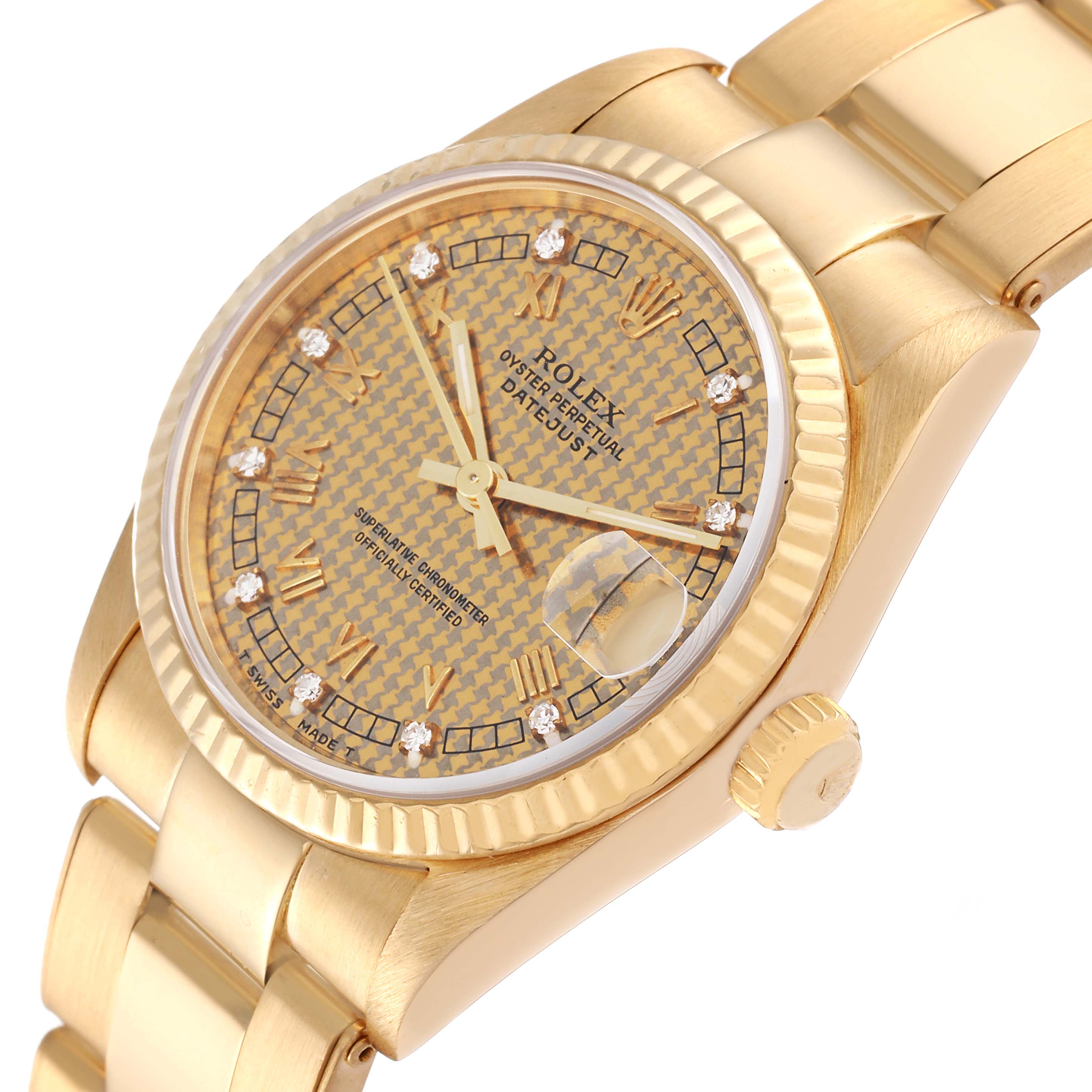 The image shows a Rolex President 68278 Women's Yellow Gold Champagne Dial 68278 Women's Yellow Gold Champagne Dial model watch from an oblique angle, highlighting the face, bezel, and part of the bracelet.