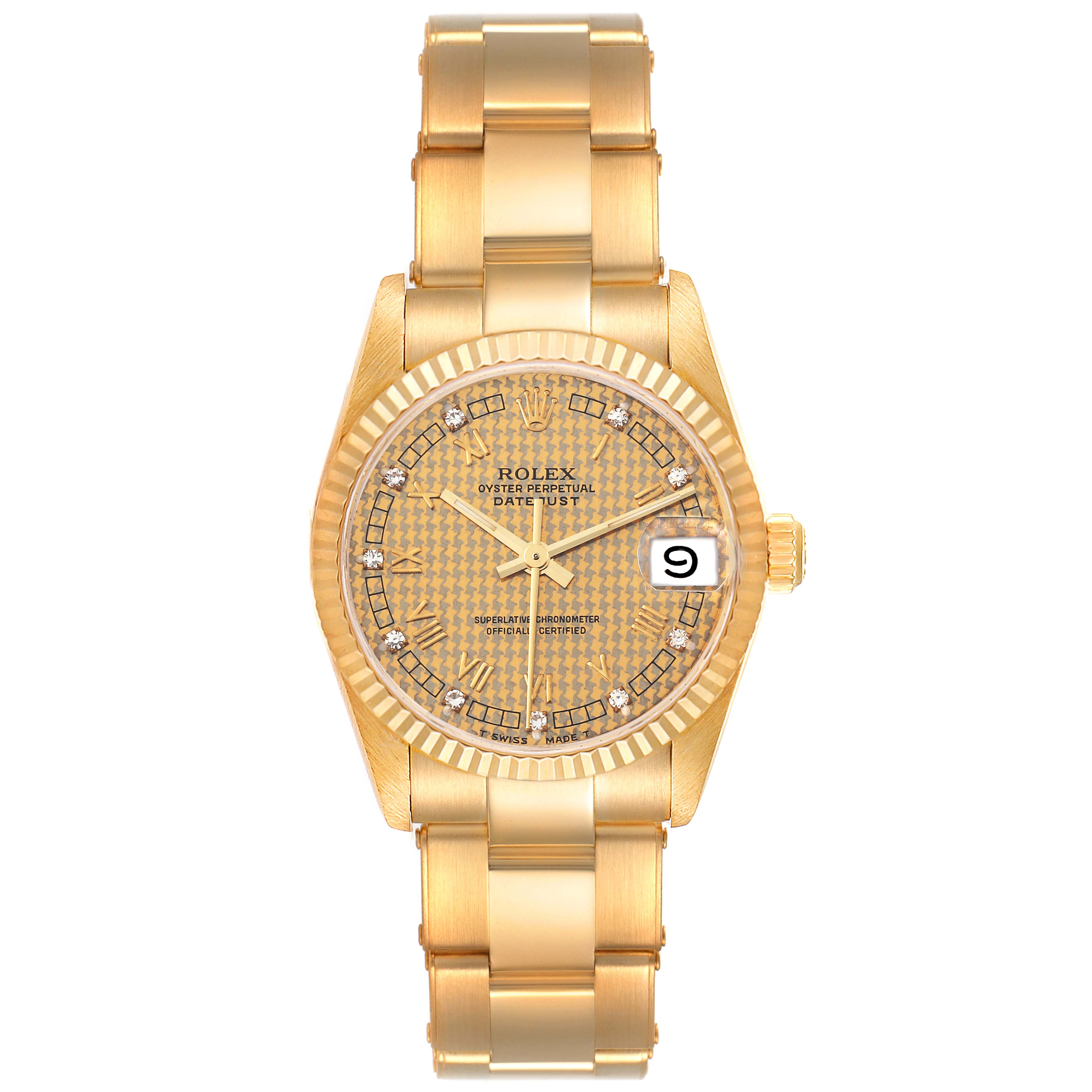 This image shows a front view of the Rolex President 68278 Women's Yellow Gold Champagne Dial 68278 Women's Yellow Gold Champagne Dial model watch, displaying its dial, bezel, case, and bracelet.