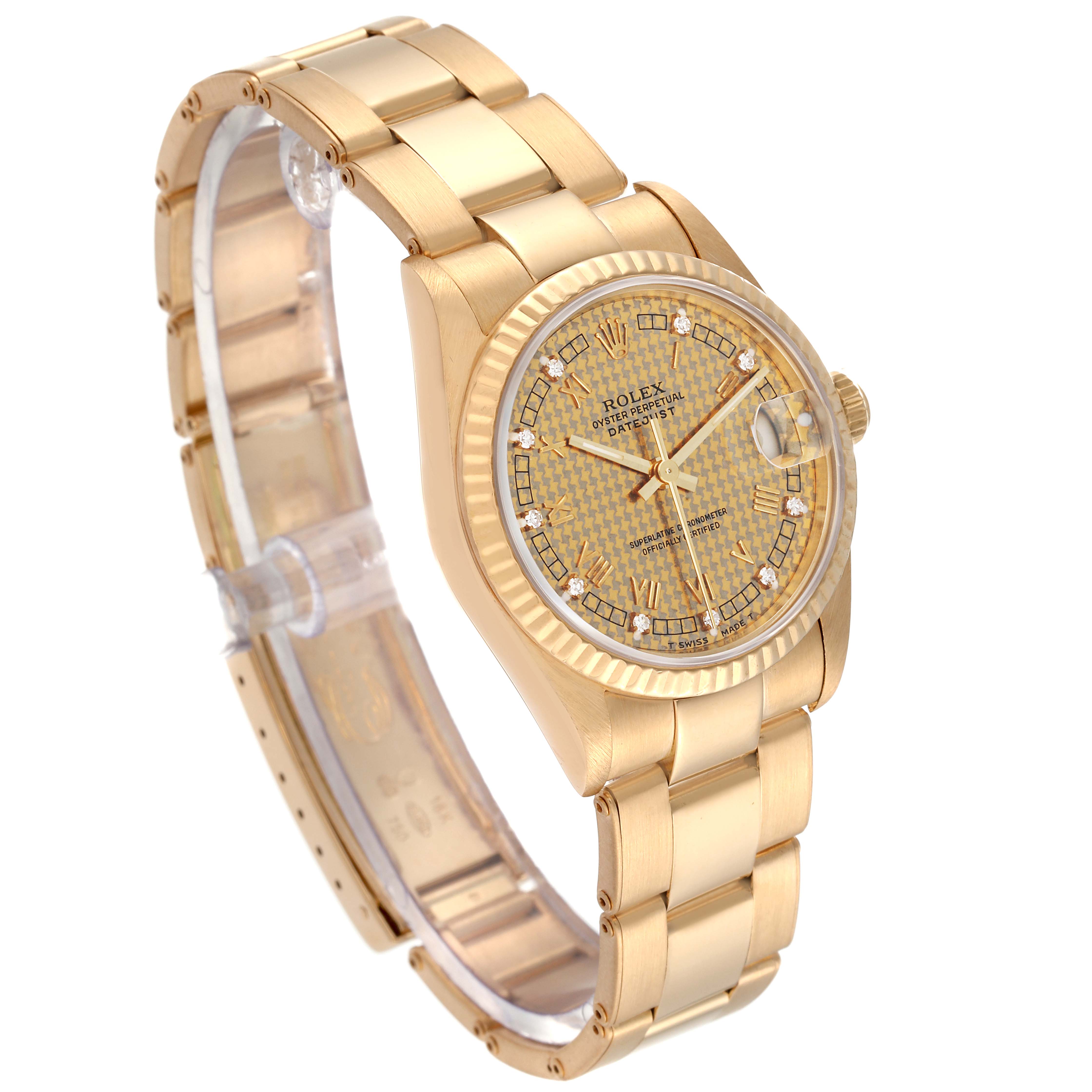 The Rolex President 68278 Women's Yellow Gold Champagne Dial 68278 Women's Yellow Gold Champagne Dial model watch is shown at a three-quarter angle, displaying its gold band, face, and bezel.