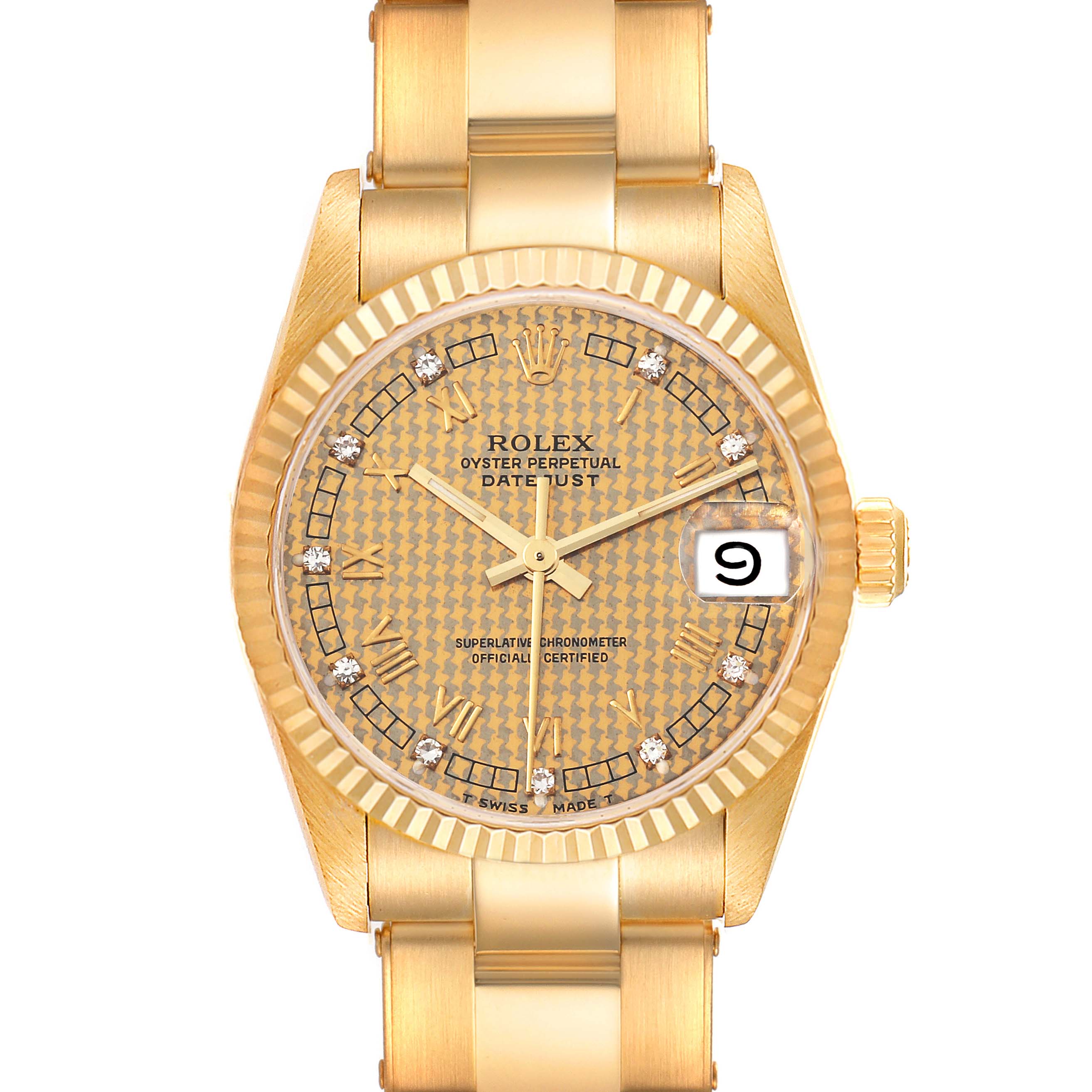 The image shows a front view of a Rolex President 68278 Women's Yellow Gold Champagne Dial 68278 Women's Yellow Gold Champagne Dial model watch, displaying its gold bracelet, dial, and date feature.