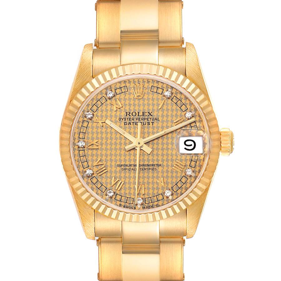 Rolex Datejust Midsize Yellow Gold Houndstooth Diamond Dial Ladies Watch 68278 SwissWatchExpo