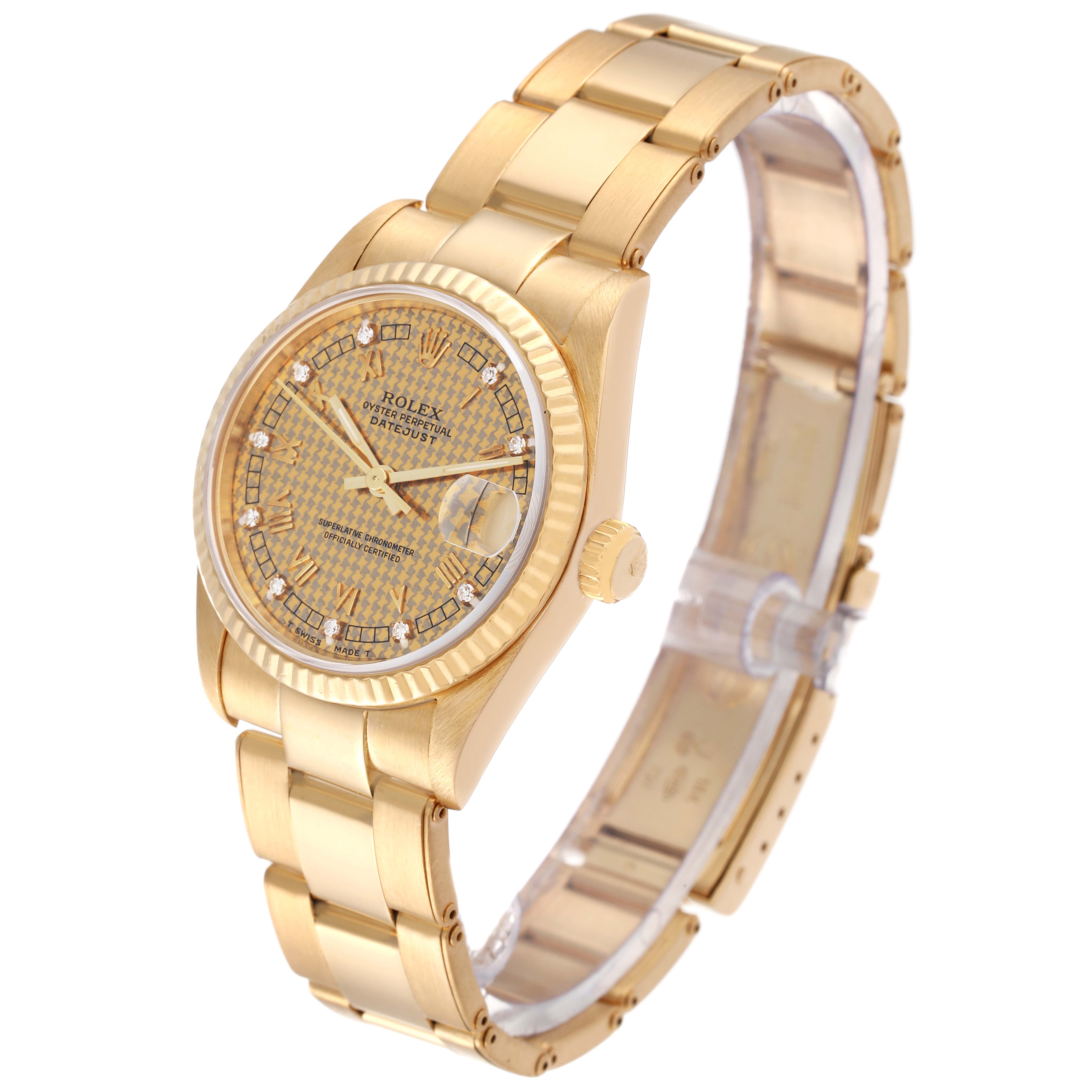This image shows a Rolex President 68278 Women's Yellow Gold Champagne Dial 68278 Women's Yellow Gold Champagne Dial watch at an angled view, highlighting the face, bezel, and bracelet.