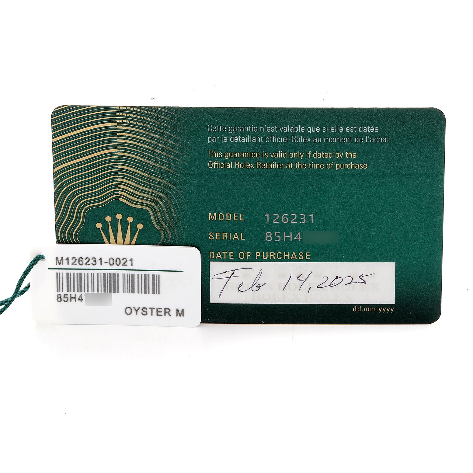 The image shows a Rolex Datejust 126231 Men's Steel and Gold (two tone) Mother of Pearl Dial 126231 Men's Steel and Gold (two tone) Mother of Pearl Dial warranty card and a tag with model and serial numbers.