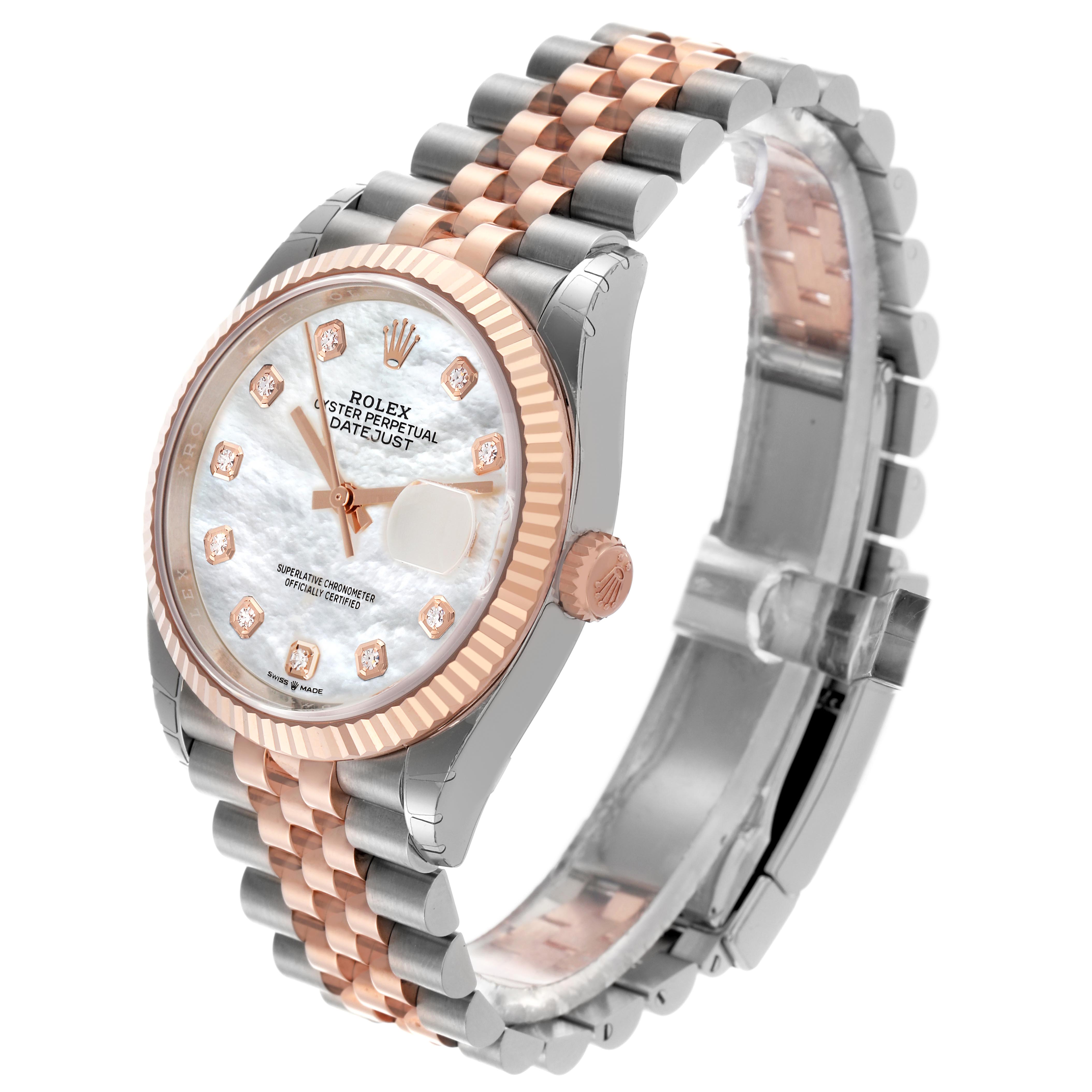 The Rolex Datejust 126231 Men's Steel and Gold (two tone) Mother of Pearl Dial 126231 Men's Steel and Gold (two tone) Mother of Pearl Dial watch is shown at a three-quarter angle, displaying the dial, bezel, crown, and bracelet.