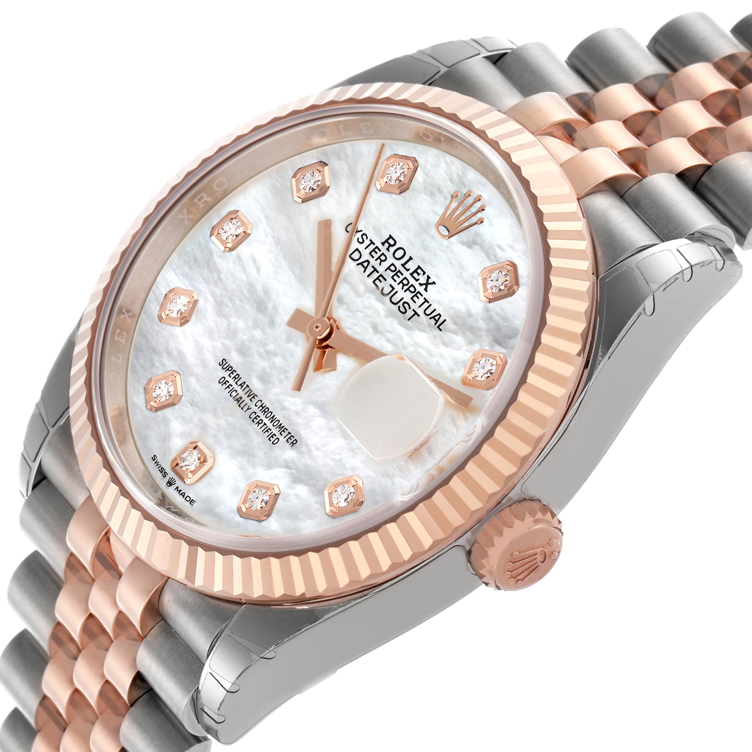 The Rolex Datejust 126231 Men's Steel and Gold (two tone) Mother of Pearl Dial 126231 Men's Steel and Gold (two tone) Mother of Pearl Dial is shown at a three-quarter angle, highlighting the dial, bezel, and partial bracelet.