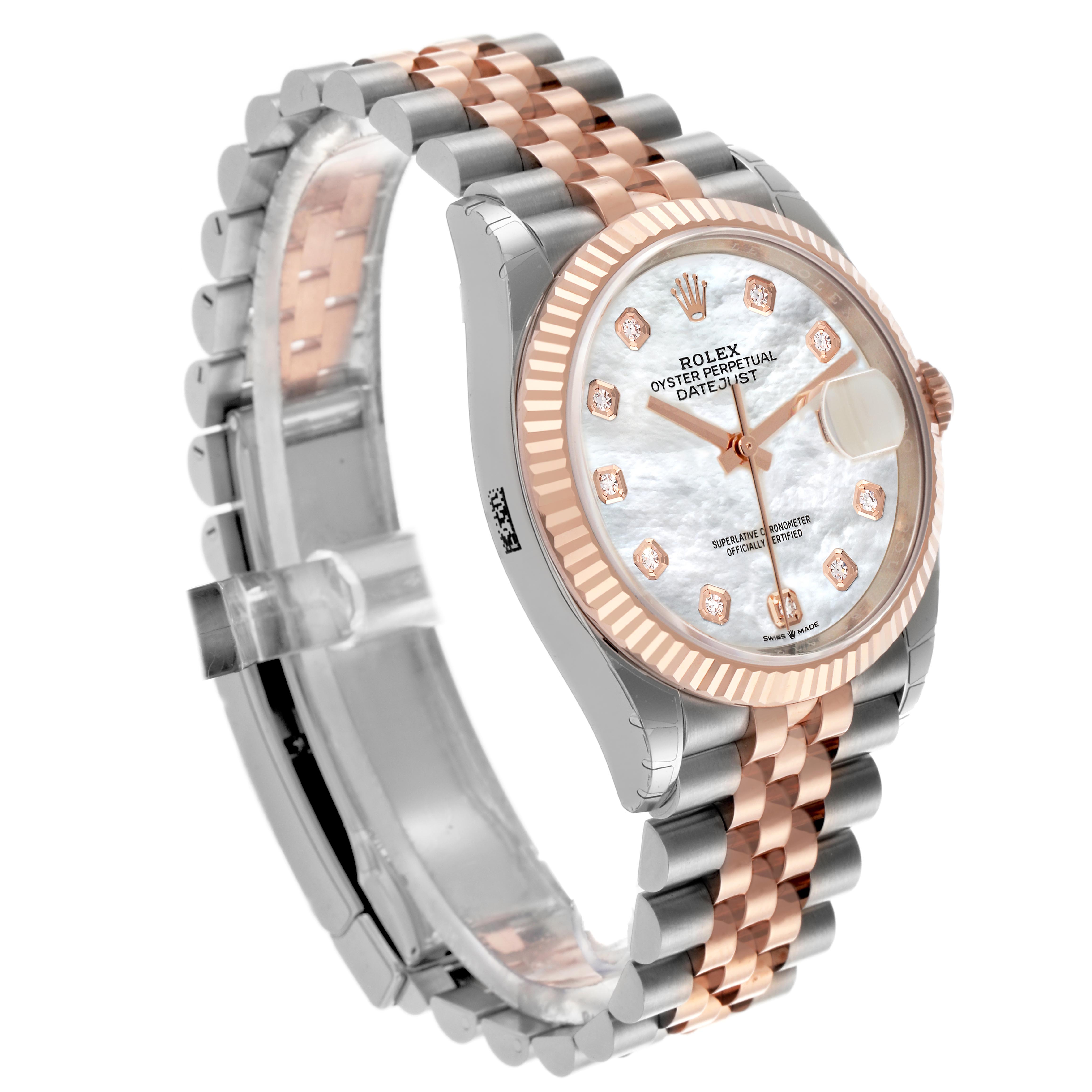 The Rolex Datejust 126231 Men's Steel and Gold (two tone) Mother of Pearl Dial 126231 Men's Steel and Gold (two tone) Mother of Pearl Dial watch is shown at a three-quarter angle, displaying the face, bracelet, and fluted bezel.