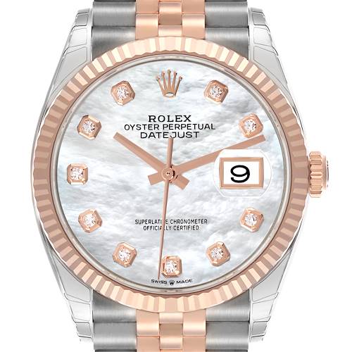 The Rolex Datejust watch is shown from the front, featuring its dial, hands, date window, bezel, and part of the bracelet.