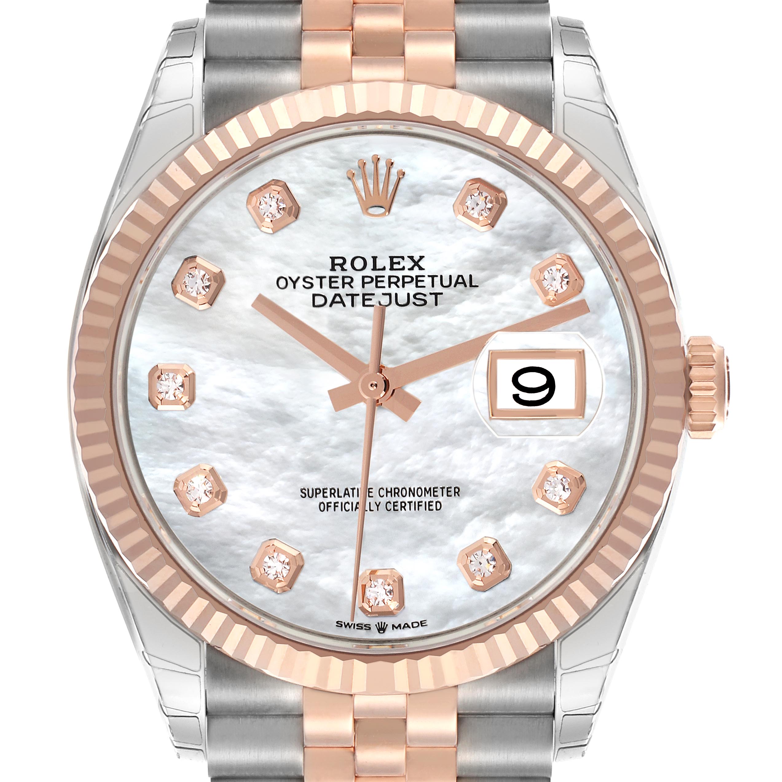 The Rolex Datejust 126231 Men's Steel and Gold (two tone) Mother of Pearl Dial 126231 Men's Steel and Gold (two tone) Mother of Pearl Dial watch is shown from a front angle, displaying the dial, bezel, crown, and part of the bracelet.