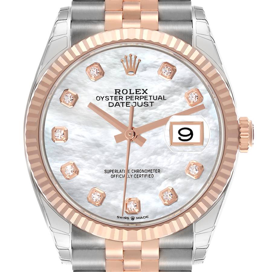 The Rolex Datejust watch is shown from a front angle, displaying the dial, bezel, crown, and part of the bracelet.