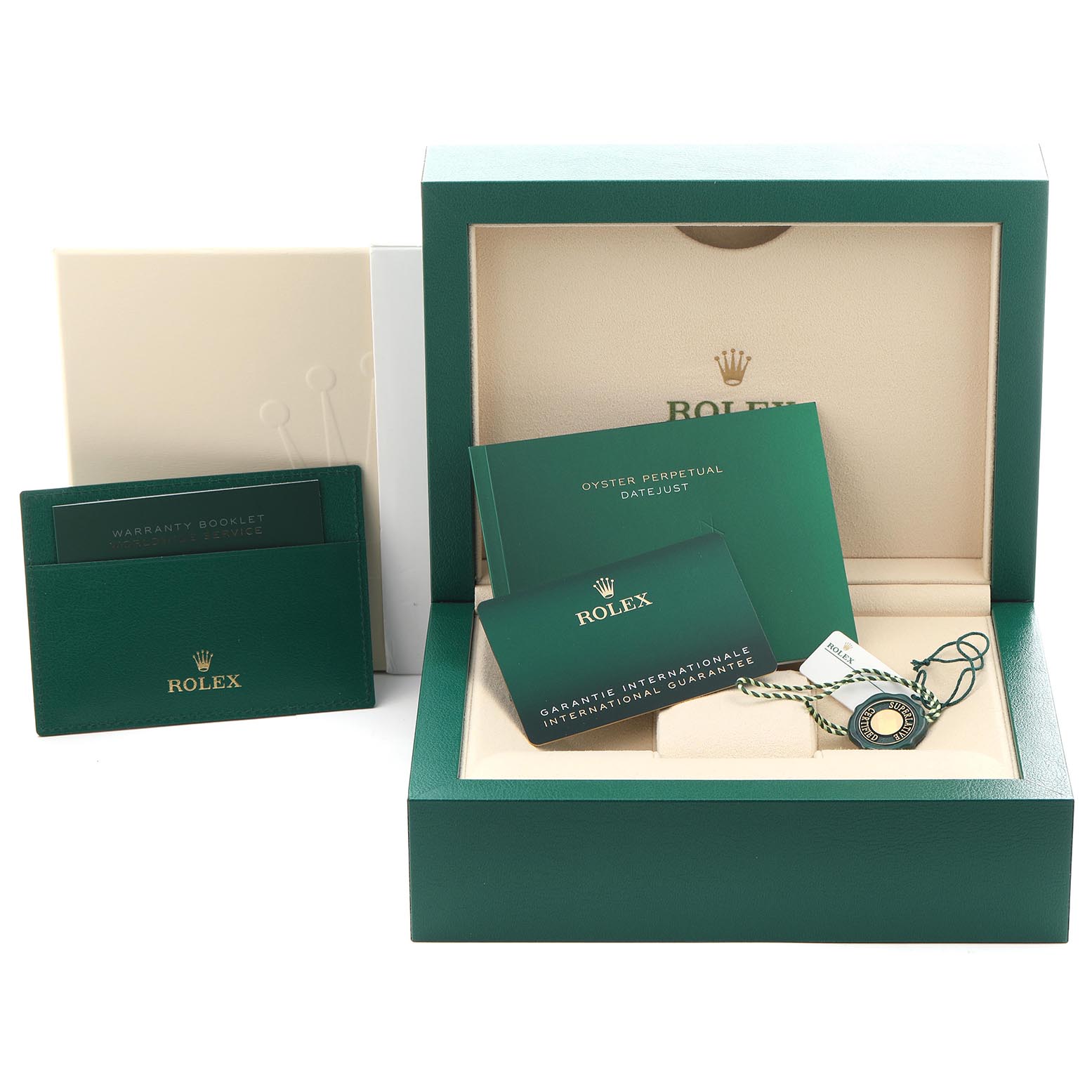 The image shows the packaging and accessories for a Rolex Datejust 126231 Men's Steel and Gold (two tone) Mother of Pearl Dial 126231 Men's Steel and Gold (two tone) Mother of Pearl Dial, including the box, warranty booklet, and tag.